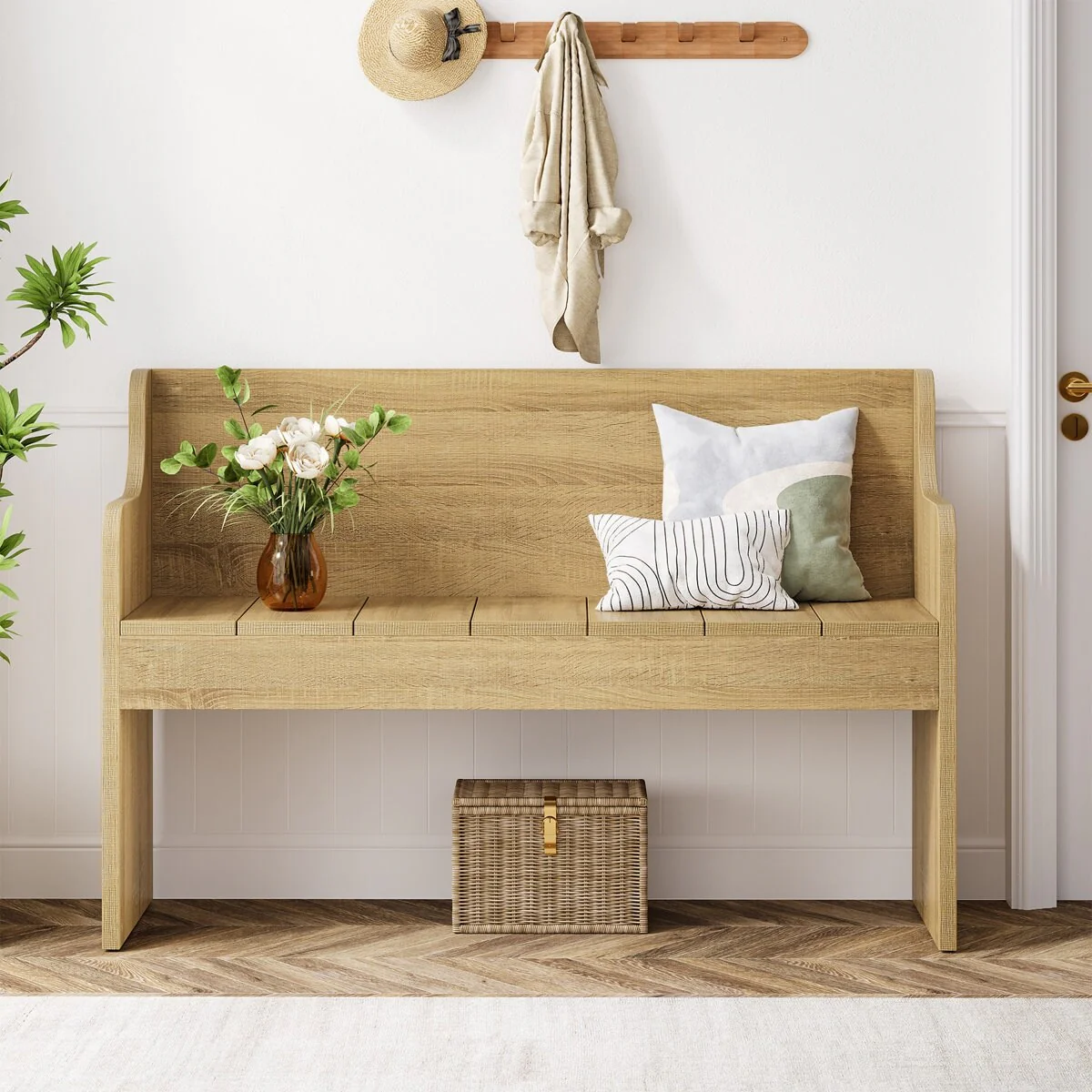 Entryway Bench with Back, 43.3 Farmhouse Wooden Bench