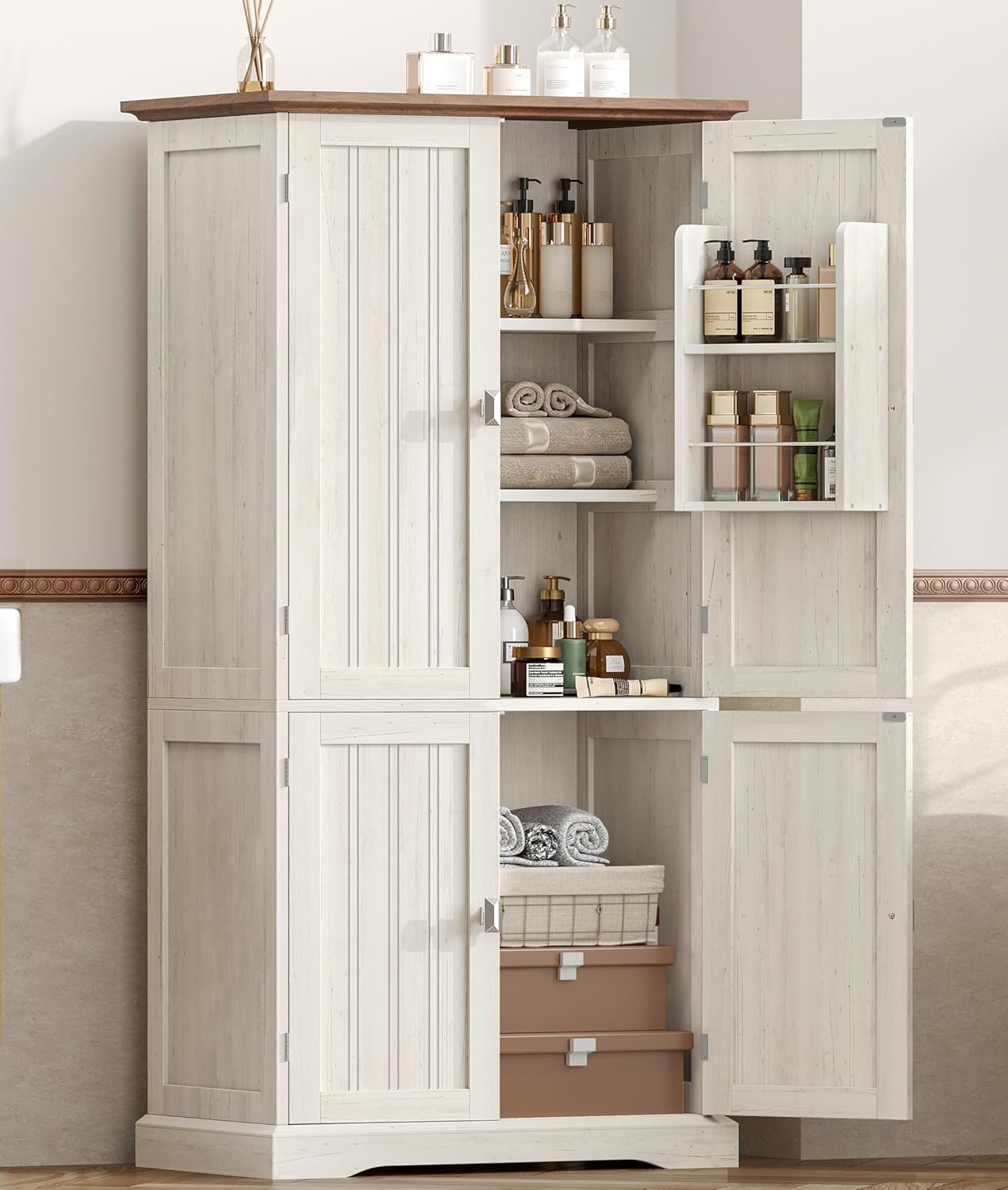 Akxomel 53.1 H Tall Bathroom Storage Cabinet with 4 Door Shelves, Farmhouse Kitchen Pantry Cabinet with 4 Doors, Linen Bathroom Floor Cabinet for Kitchen, Bathroom, Living Room, Rustic White