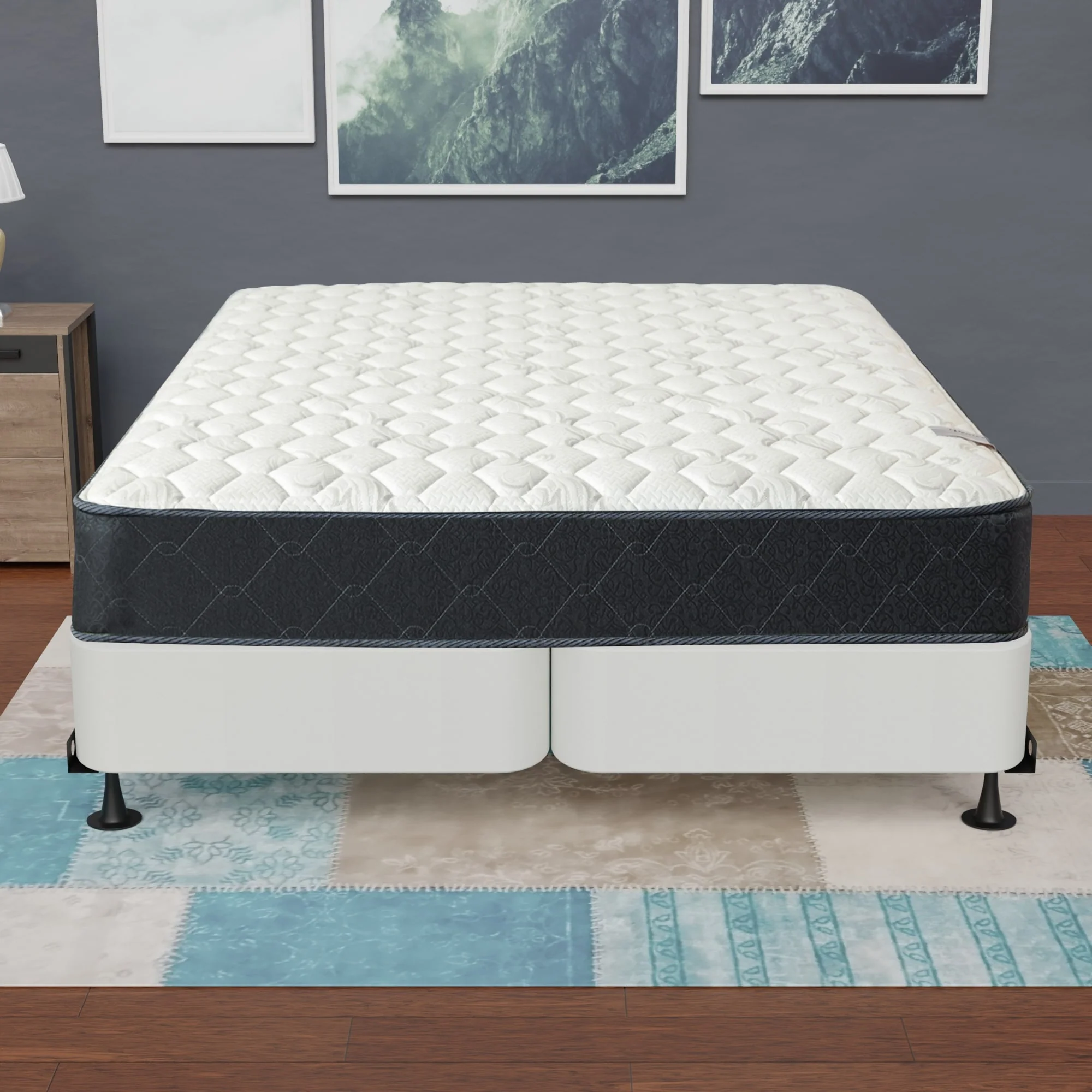 Onetan 4-Inch Wooden Box Spring, Low Profile Split Bed Foundation Ideal for Mattress, No Assembly Needed, White & black.