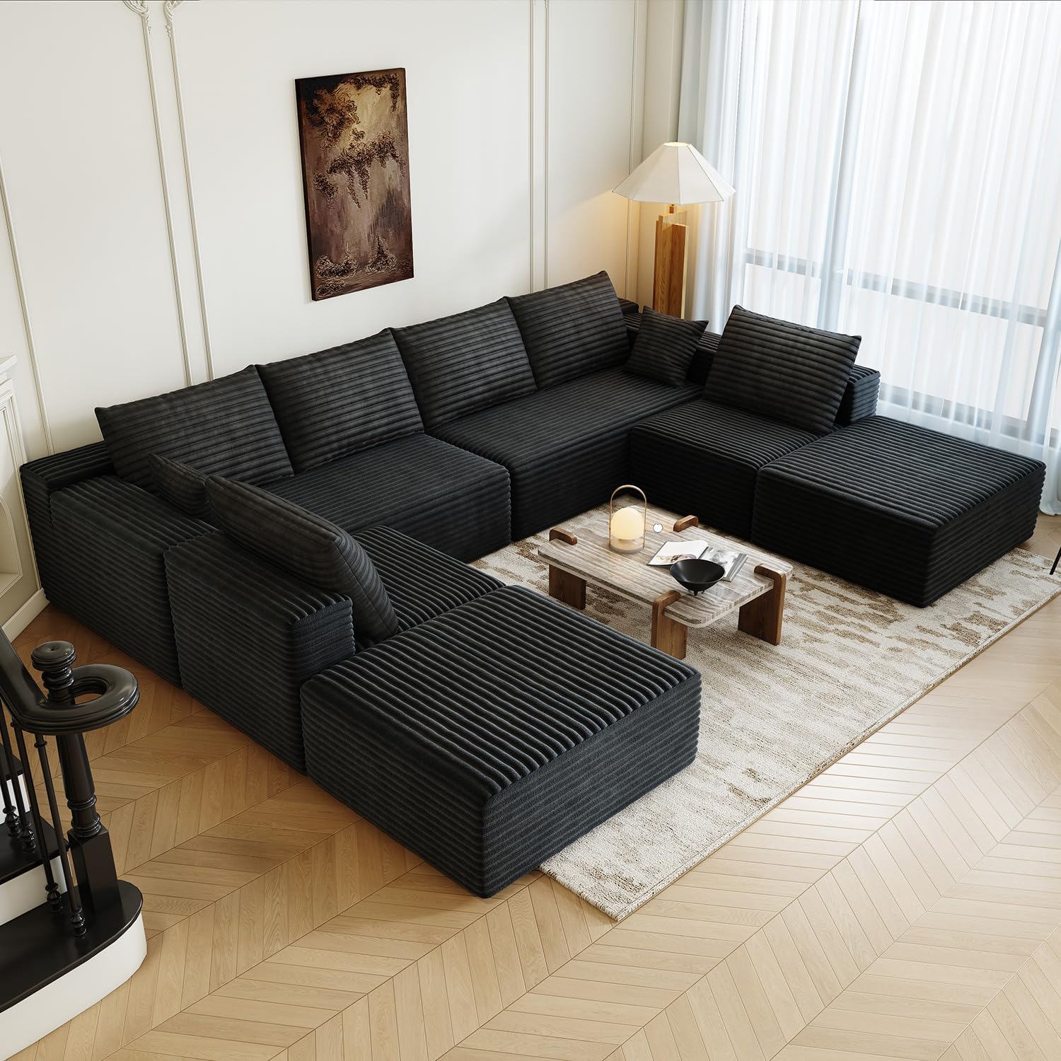 139.4 Modular Sectional Sofa Couch, Oversized U-Shaped Minimalist Couches with 2 Ottomans Chaise and 2 Middle Seats, Modern Deep Seat Cloud Plush Corduroy Sofas Set for Living Room, 8 Seater, Black