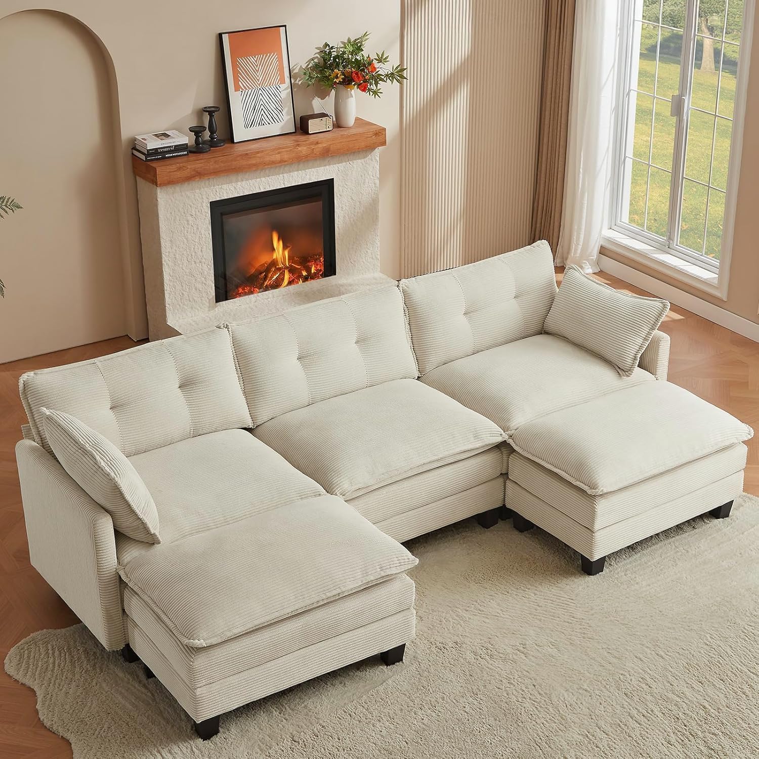 Modular Sectional Sofa, 111.5 U-Shaped Corduroy Comfy Sectional Couches for Living Room, 3-Seater Cloud Couches with 2 Movable Ottomans, Flexible Combination Modern Deep Seat Sofa (Beige)