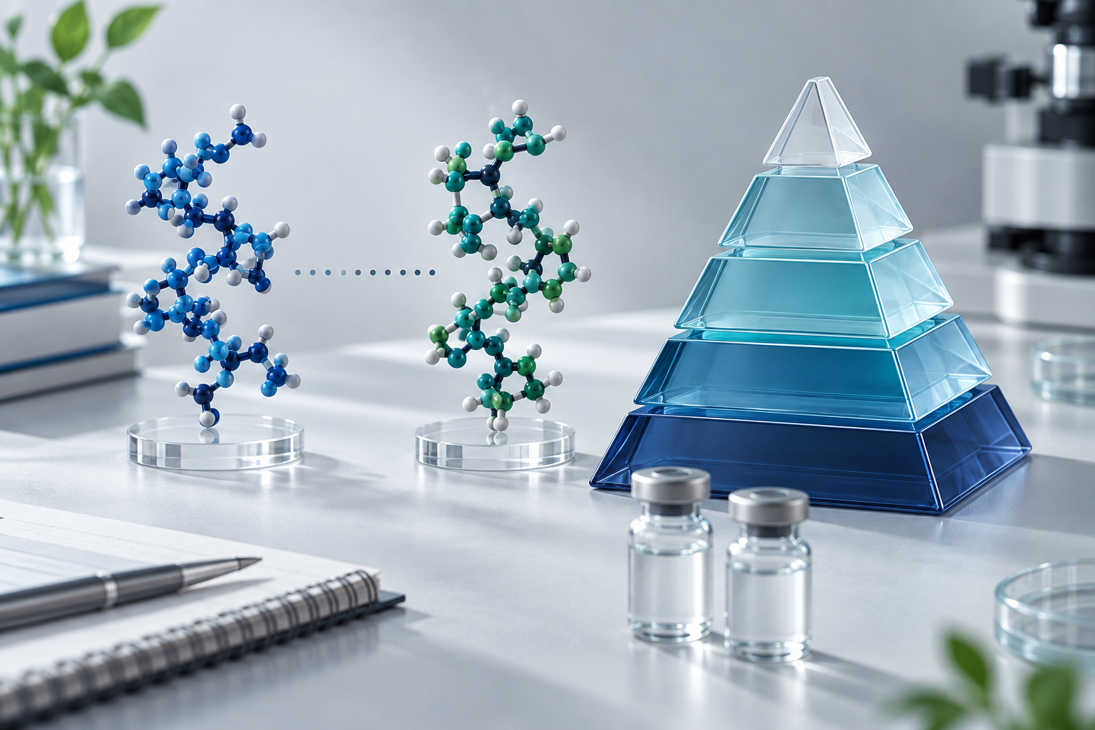 Two blue molecular models beside a translucent evidence pyramid and research vials on a light laboratory desk.