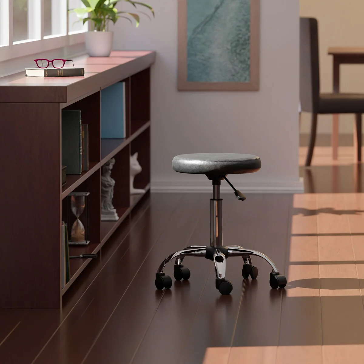 Adjustable Height Round Seat Swivel Stool with Wheels Black Chrome - 22.52 x 22.52 x 23.02 inches