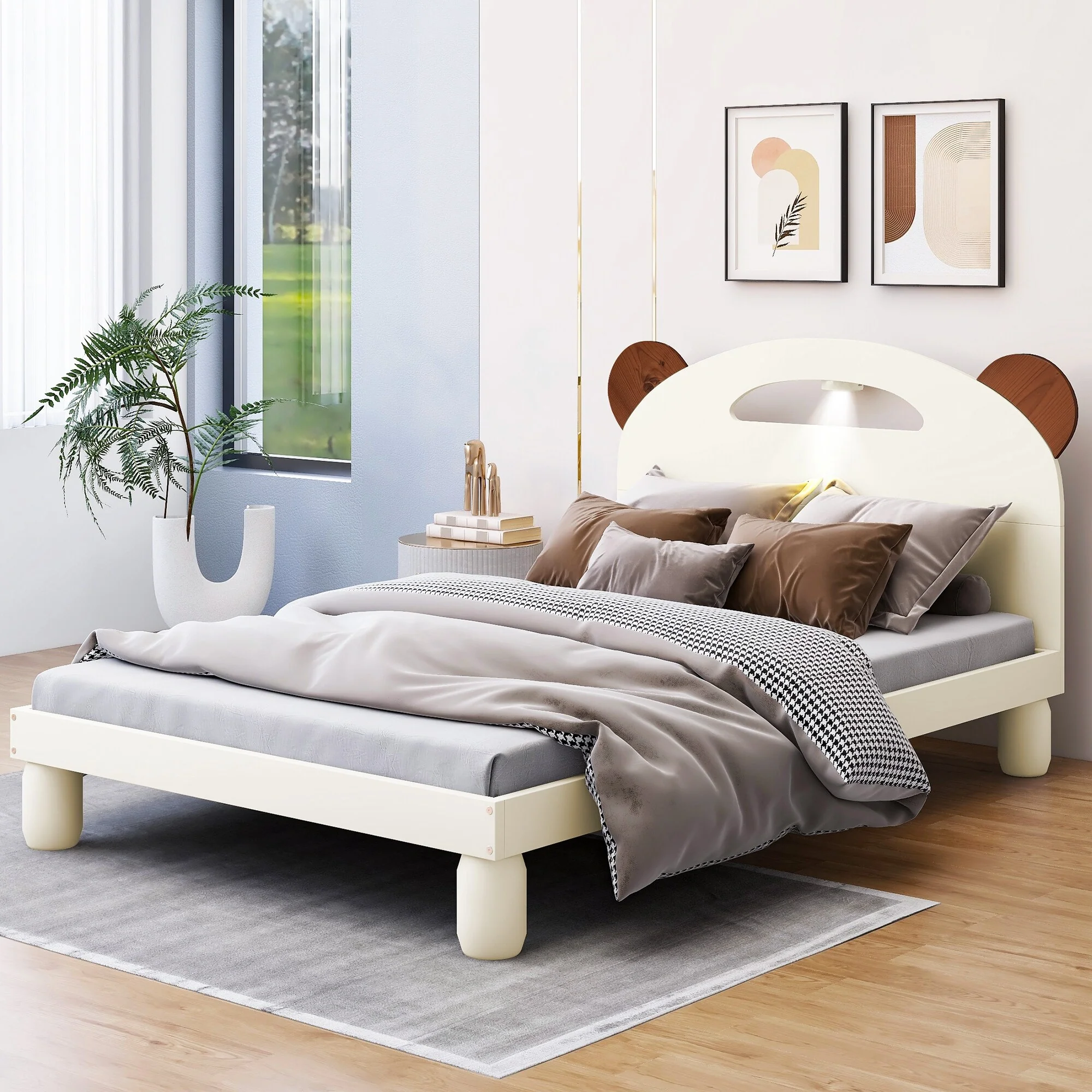 Twin Size Platform Bed with Bear Ears Headboard and LED Light