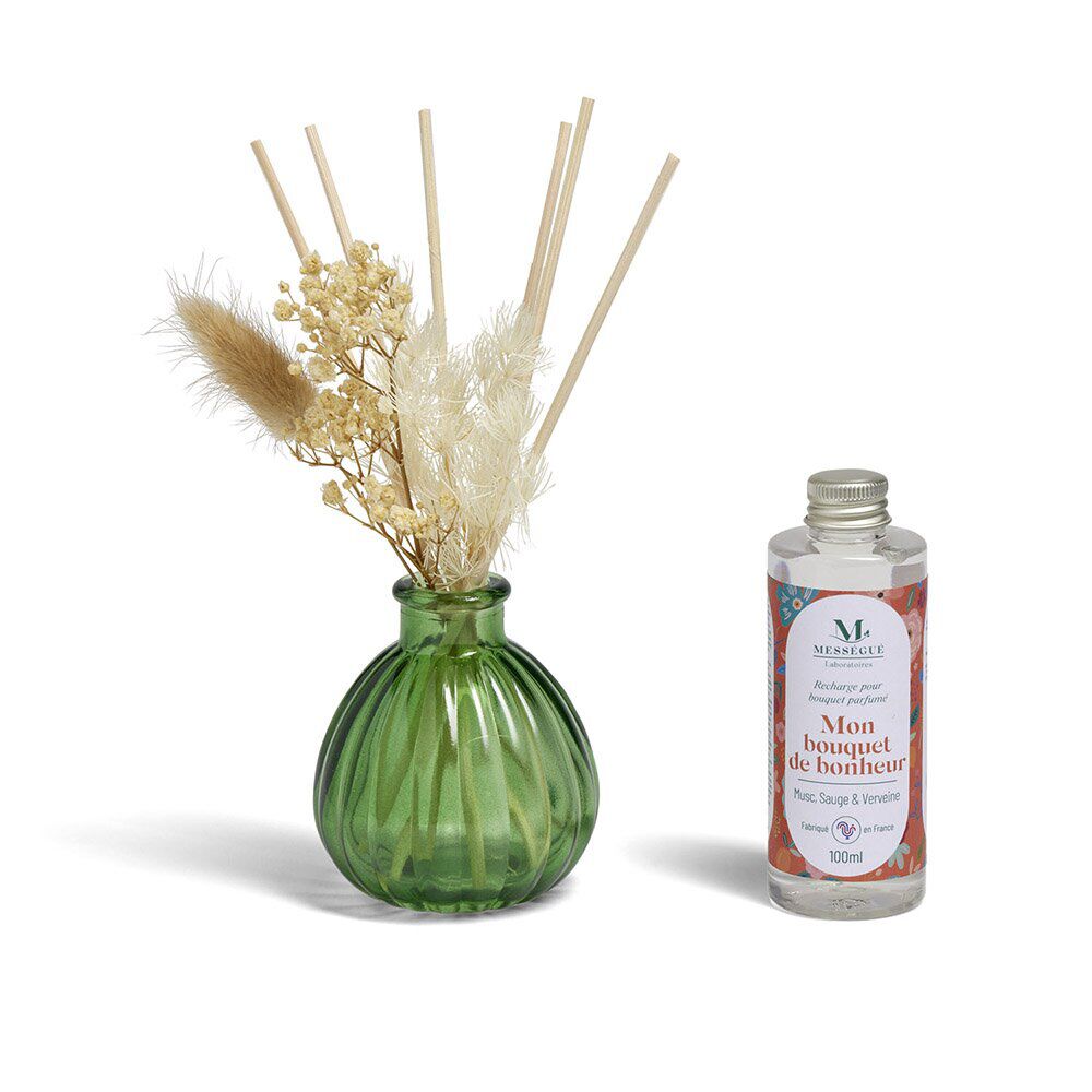 Diffuseur bâtonnets fleurs séchées et recharge Mességué musc sauge verveine 100ml