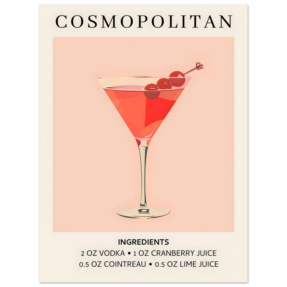 Artfulprints Poster Cosmopolitan cocktail - Ingrediënten  - 30x40 cm - Roze