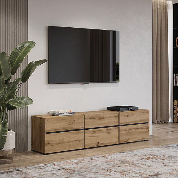 Meuble TV 180cm coloris chene et noir collection HAVANA. Meuble design avec 3 portes et 3 tiroirs.