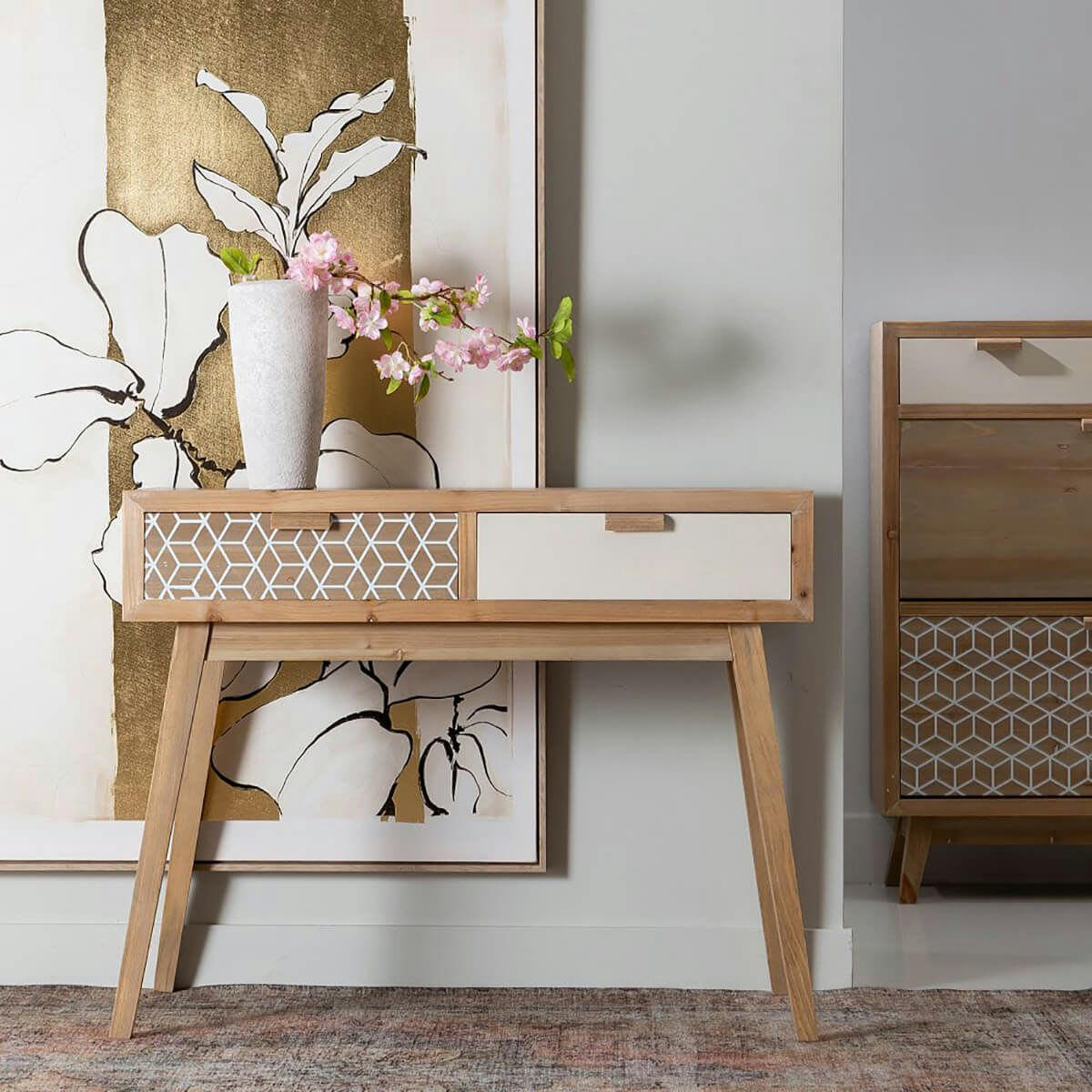 KERYN - Console  2 tiroirs avec motifs géométriques blancs