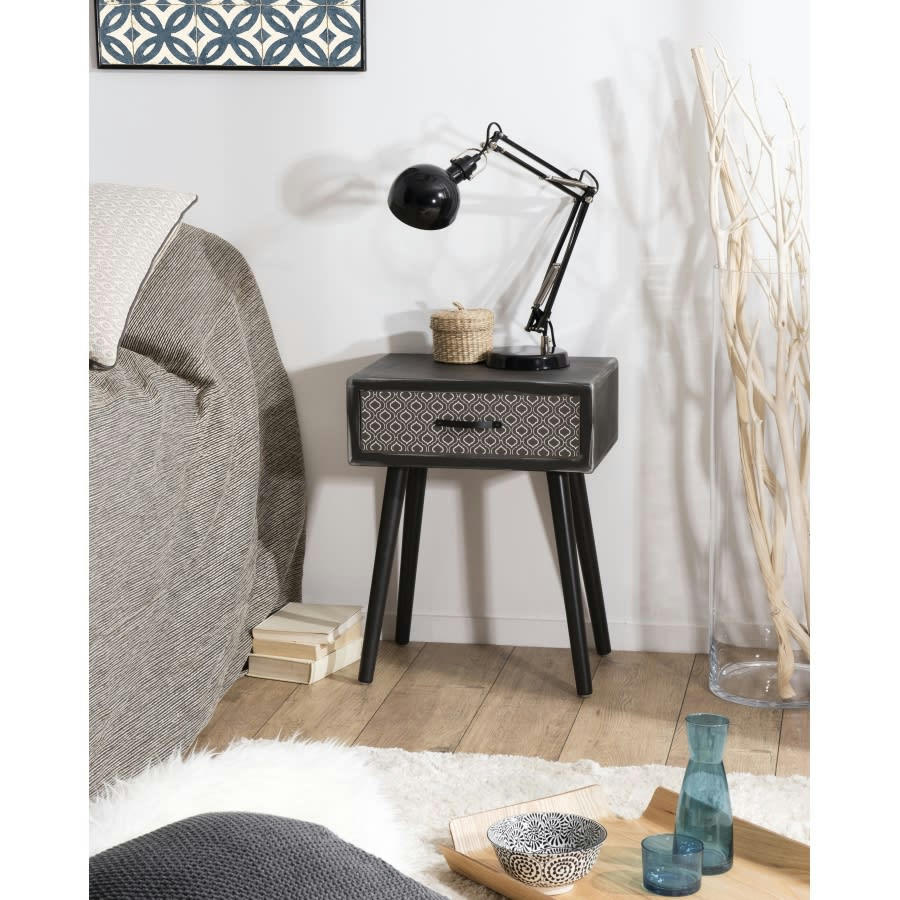 ROMAIN - Chevet en pin noir 1 tiroir motifs noirs et blancs