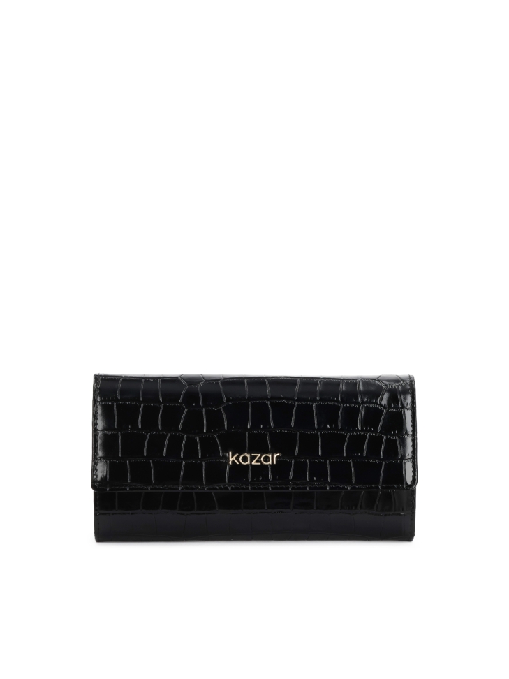 Black embossed leather wallet with magnetic closure