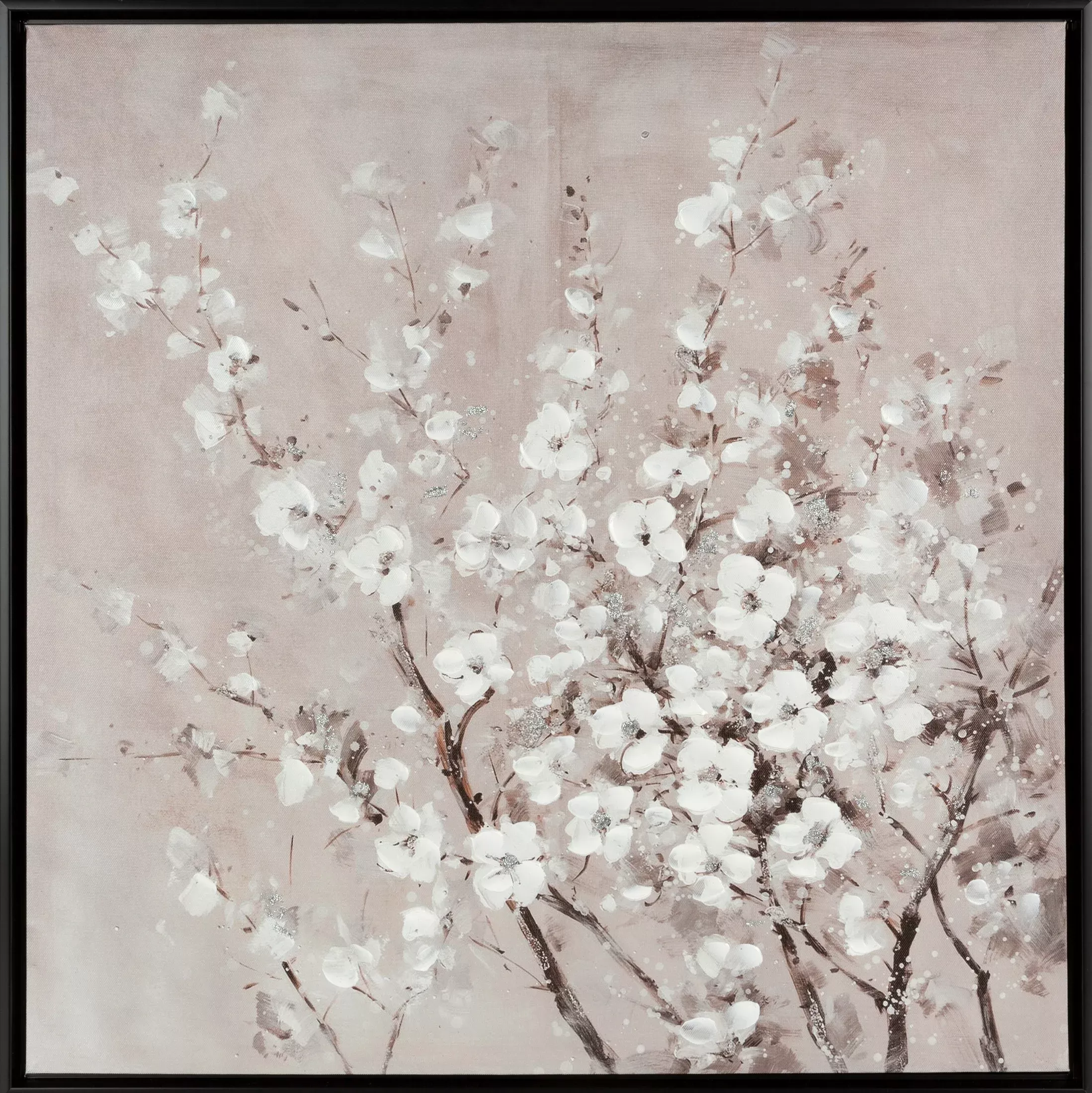 Obraz kwiatowy malowany na płótnie kwitnąca gałąź w czarnej ramie 60x60 cm BRANCH 1