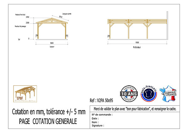 Carport adossé deux pentes 500cmx450cm bois DOUGLAS Français (Charpente en bois-auvent-abri voiture) 23m². Garantie 10 ans