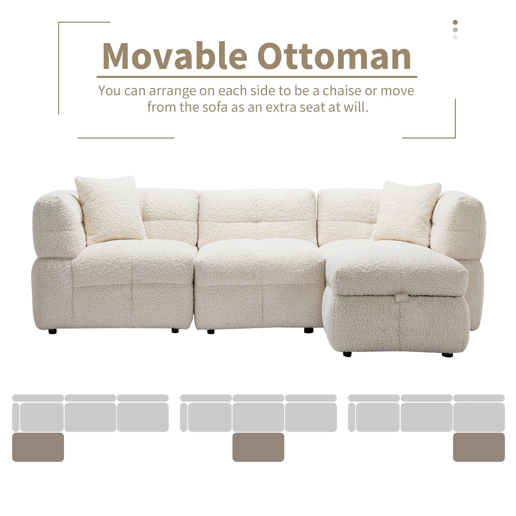 White 87.7 Fabric L-Shaped 4-Seater Sectional Sofa with Movable Storage Ottoman, USB Ports, and Lumbar Support Pillows