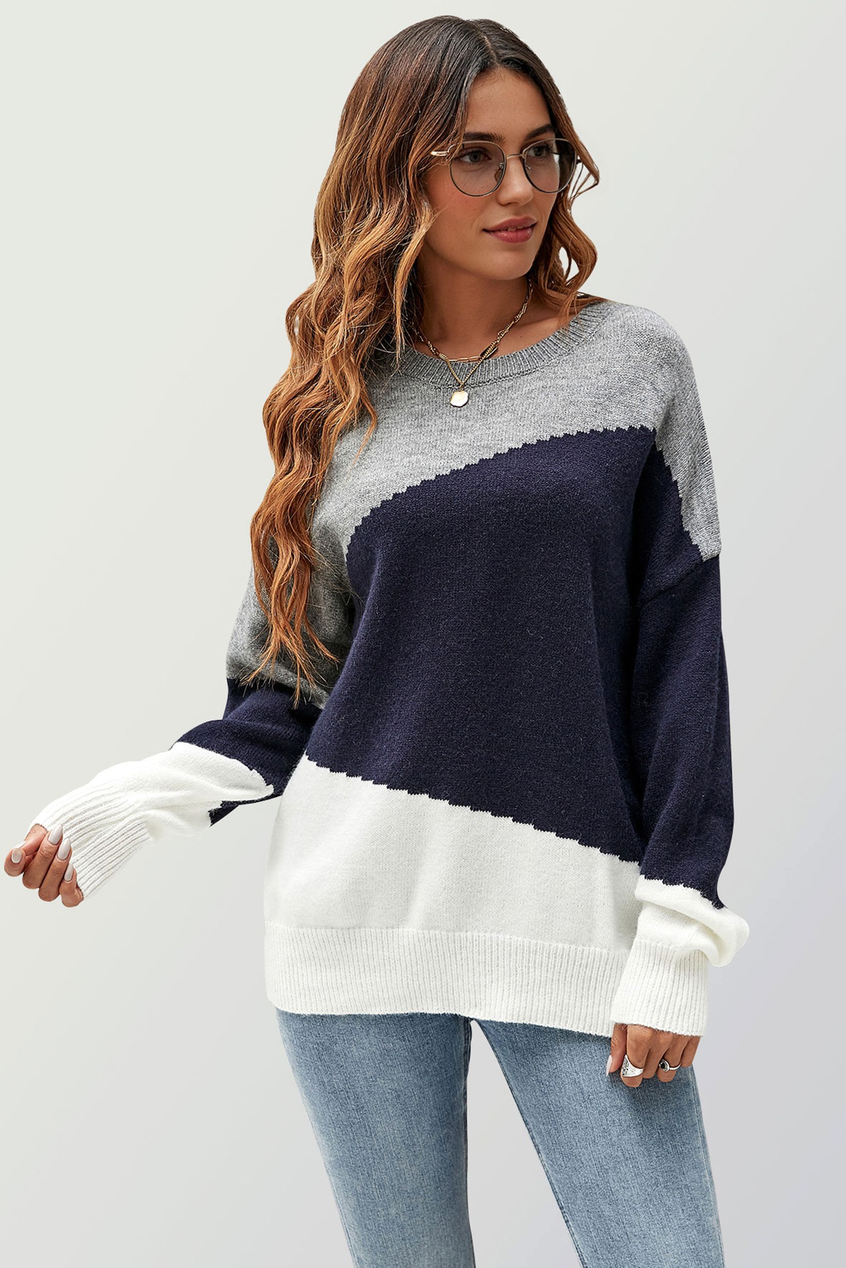 FS Collection Navy & White Block Colour Jumper Top In Grey