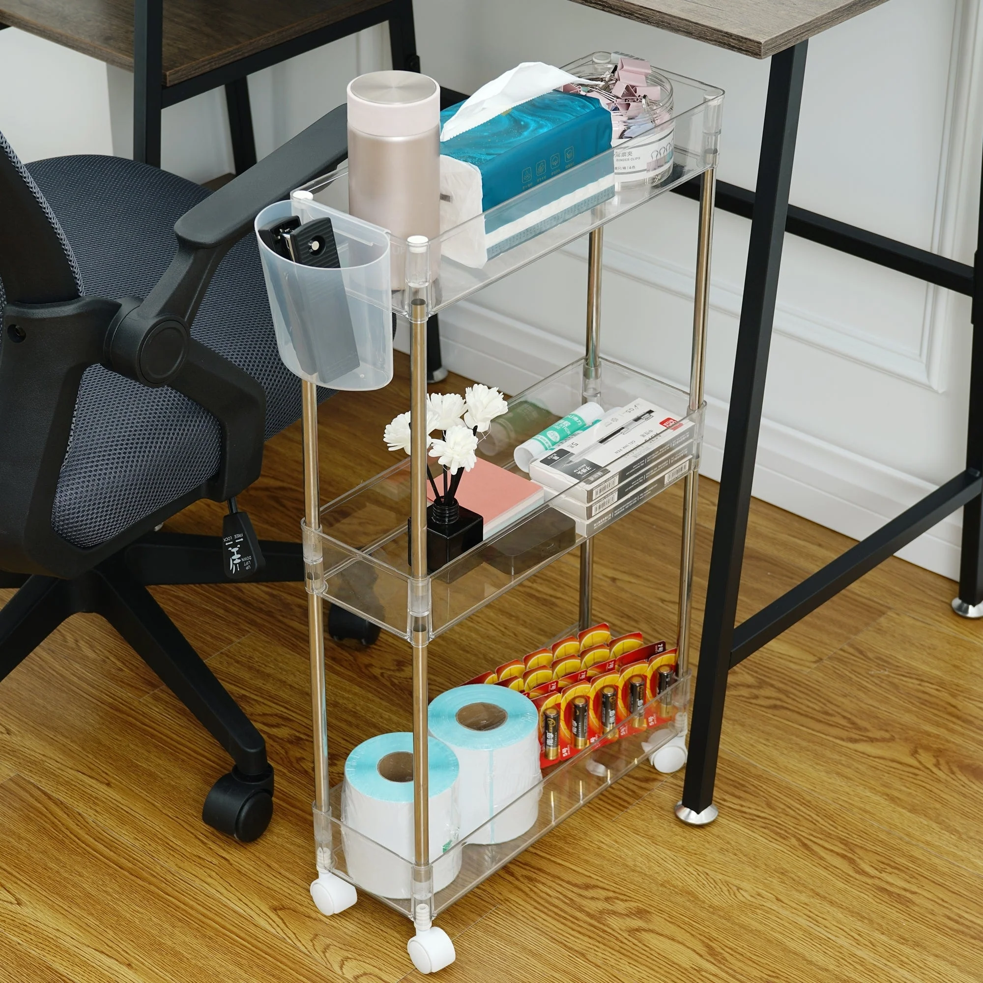 VECELO Small Rolling Cart, Storage Rack Trolley Cart, White Transparent Trolley Cart