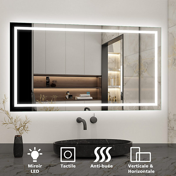 Miroir salle de bain led anti-buée, avec éclairage LED 100 x 70cm réversible, IP44 commande par effleurement, AICA SANITAIRE