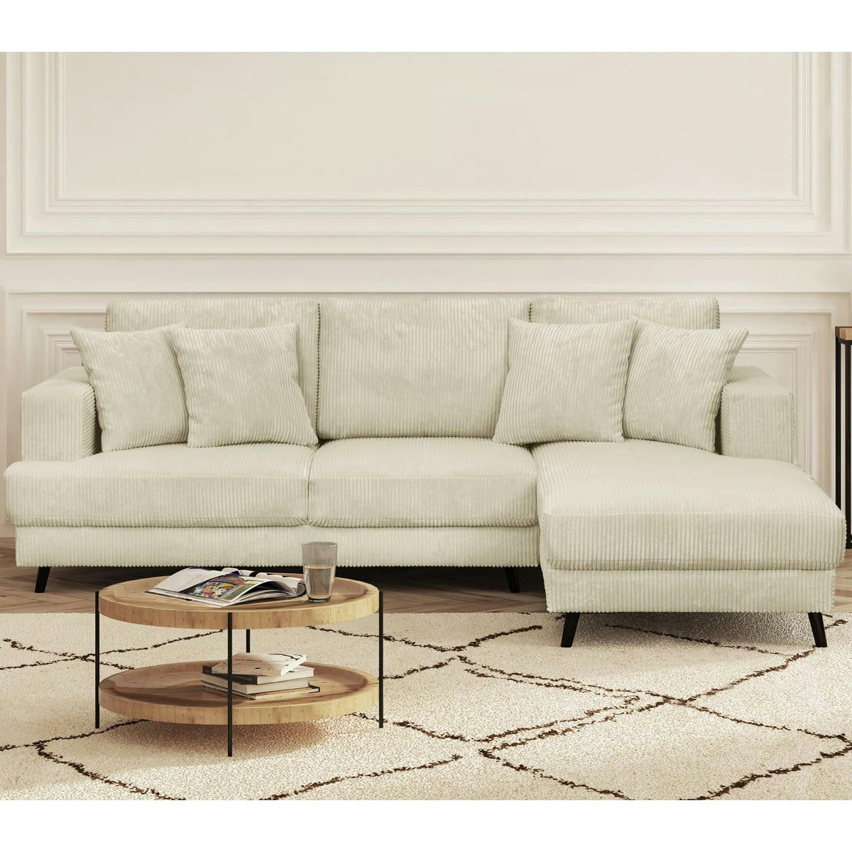 MARCEAU - Canapé d'angle droit convertible 4 places en velours côtelé beige