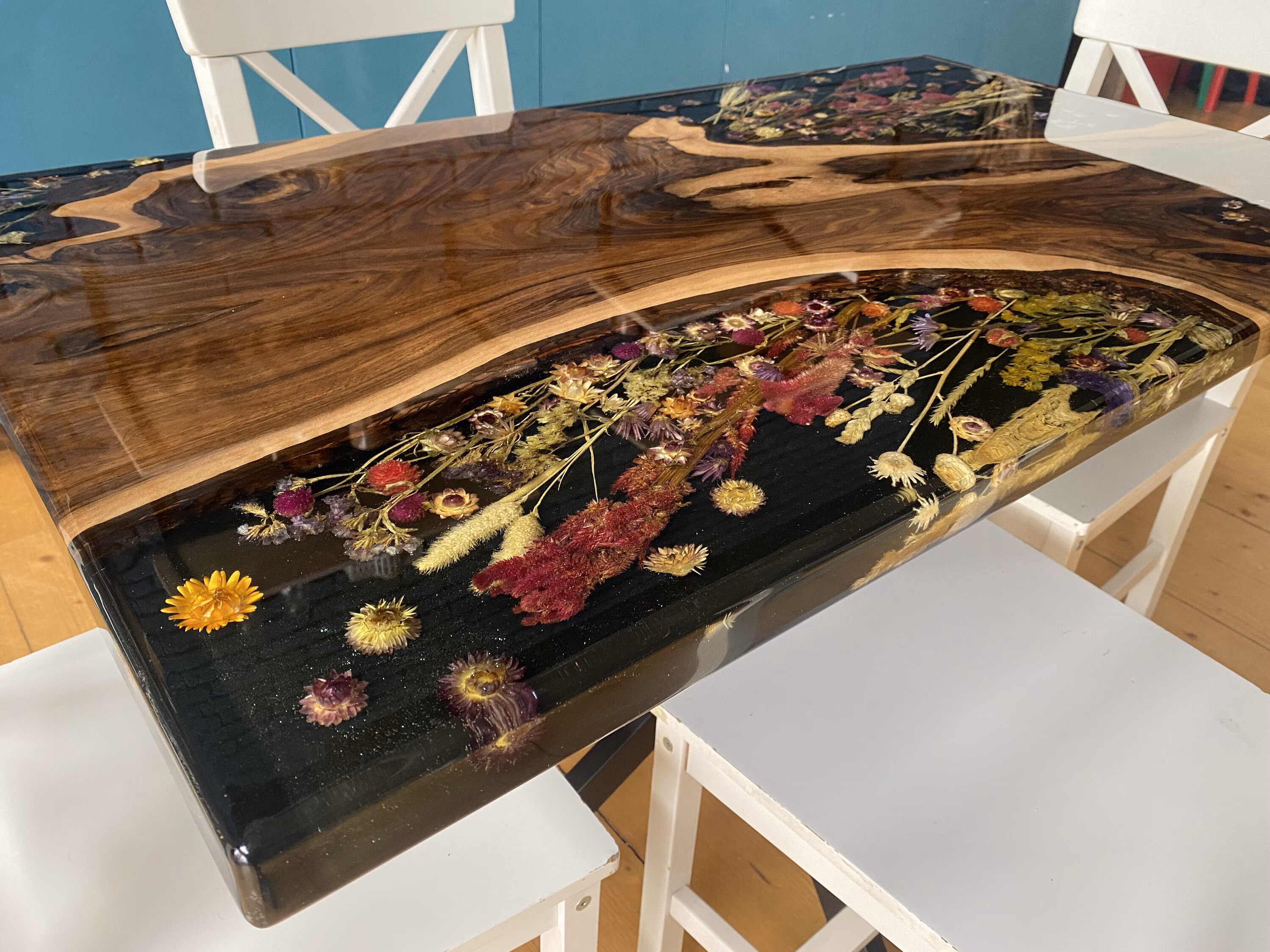 Pressed Flower Epoxy Dining Table, Live Edge Floral Art Resin Furniture
