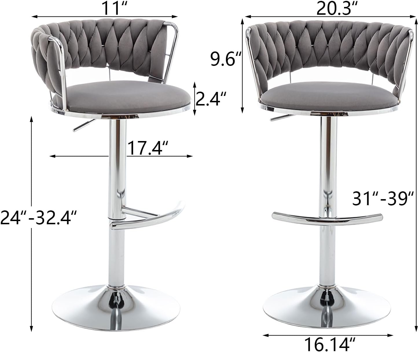 Velvet Bar Stools Set of 4, Counter Height Bar Stools with Low Back, Modern Adjustable Barstools, 360° Swivel Bar Chairs for Kitchen Island (Grey)