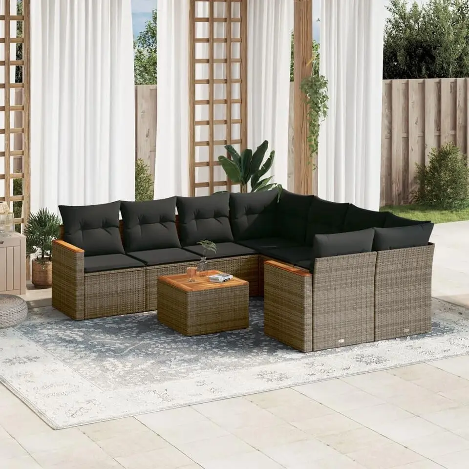 vidaXL 9-delige Loungeset met kussens en hout armsteun - Grijs - Poly rattan