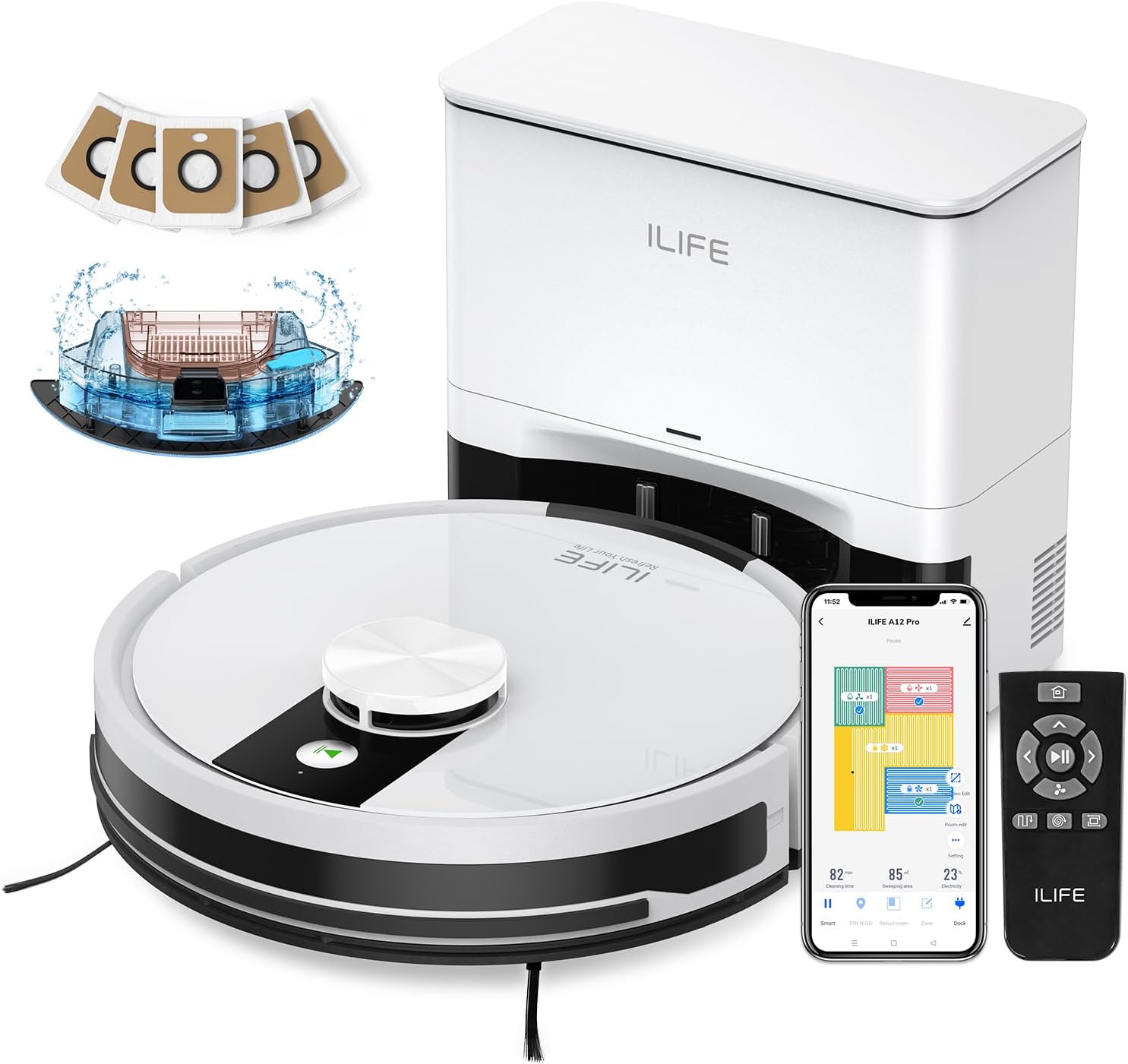 ILIFE A12 Pro Robot Vacuum and Mop Combo, Self Emptying Station for 60 Days, LiDAR Navigation, Home Mapping, No-Go Zones, 2.4G WiFi/App/Alexa/Remote Control, for Hard Floors, 110V