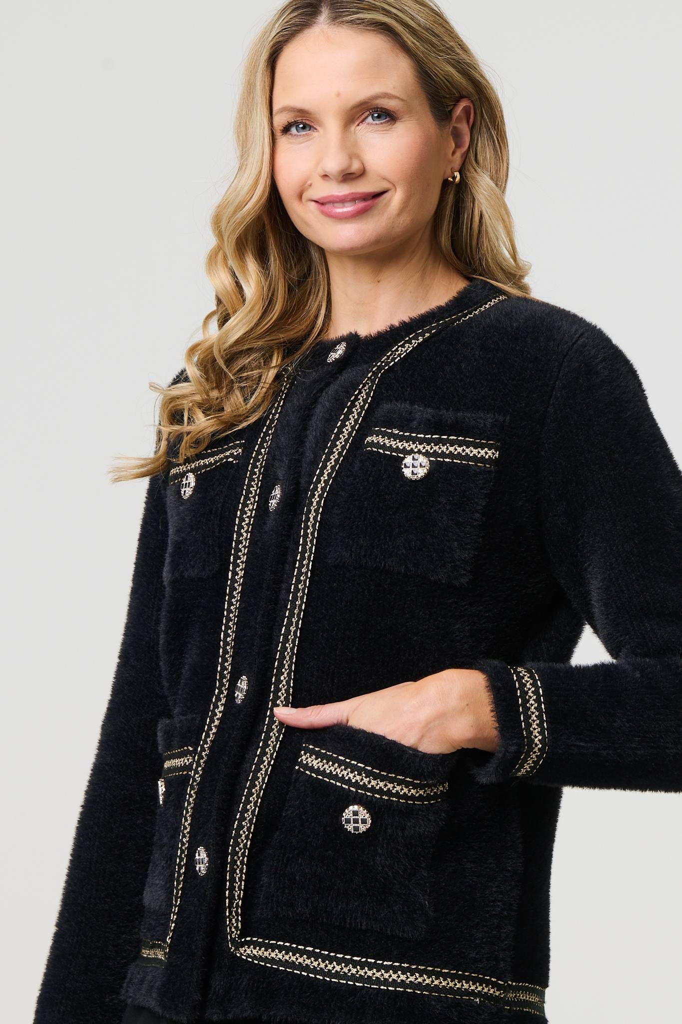 Izabel London Embroidered Trim Knitted Smart Jacket