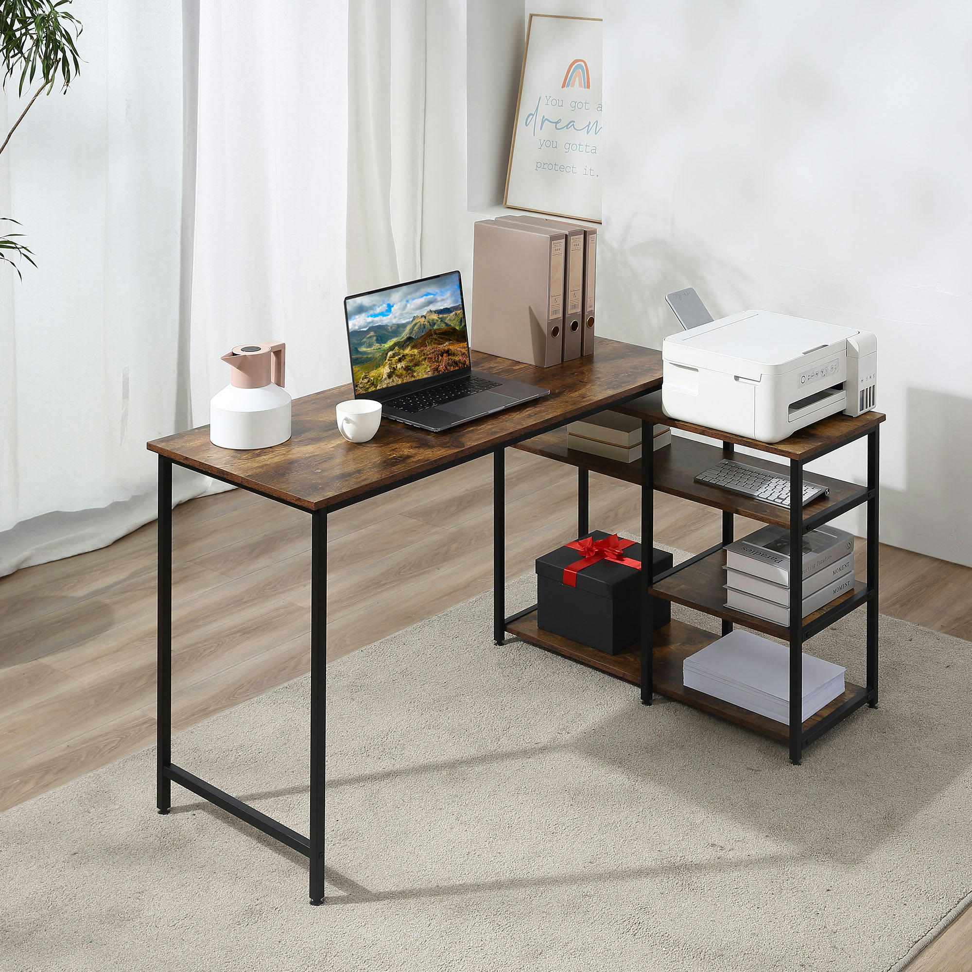 - Bureau d'angle design industriel 3 étagères aspect bois métal noir