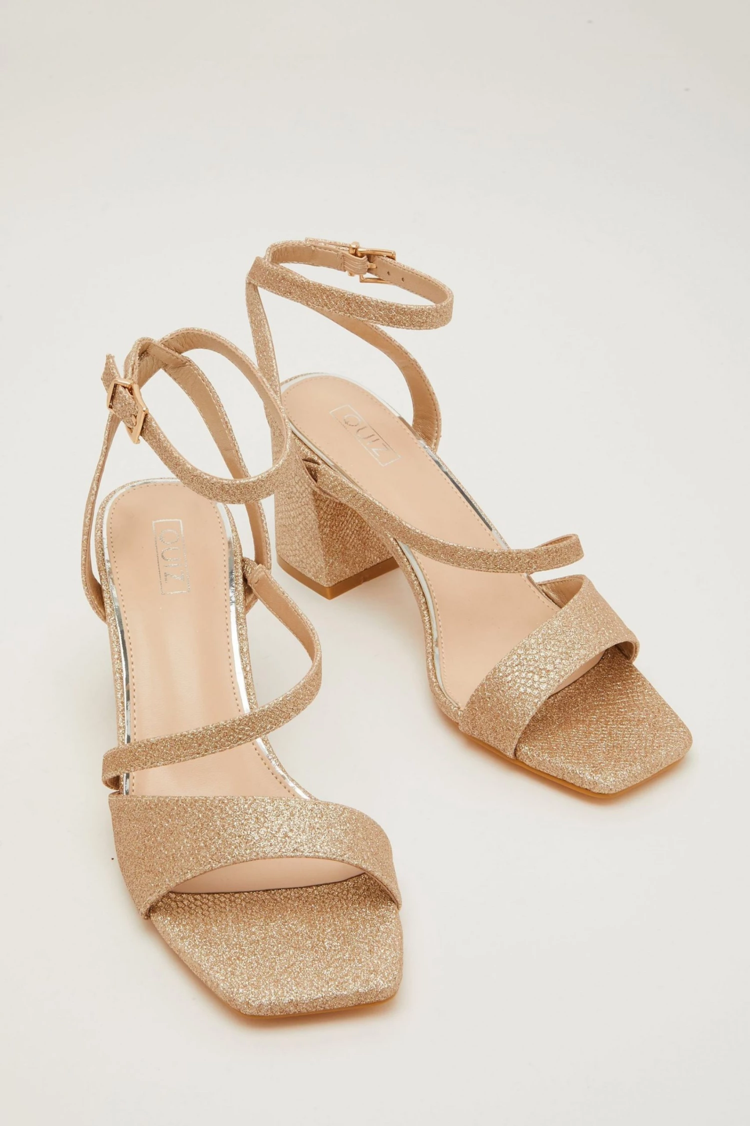 Quiz Gold Glitter Low Block Heel Sandal