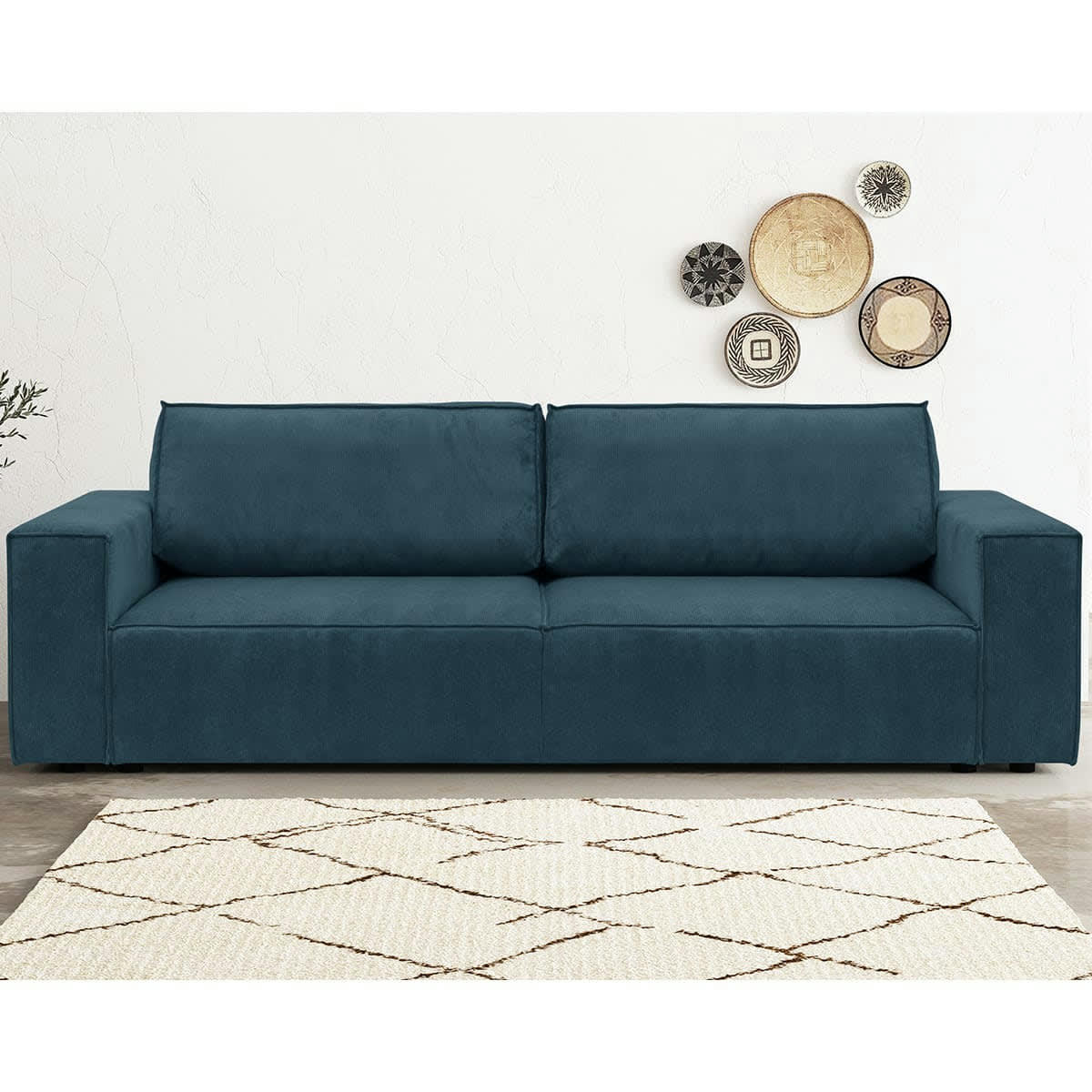 HARPER NEW - Canapé 3 places convertible + coffre en velours fines côtes bleu nuit