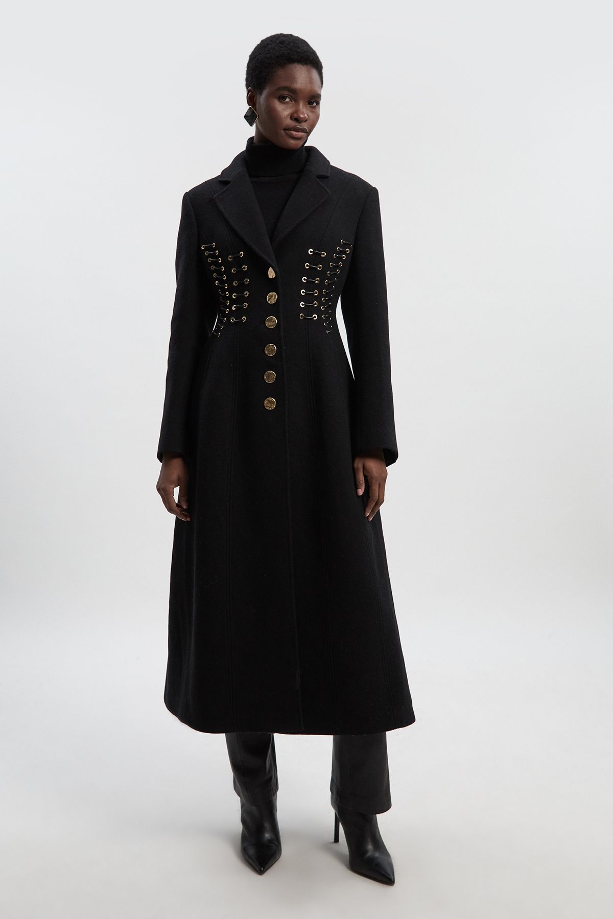 KarenMillen Wool Polished Whip Stitch Tailored Midi Coat