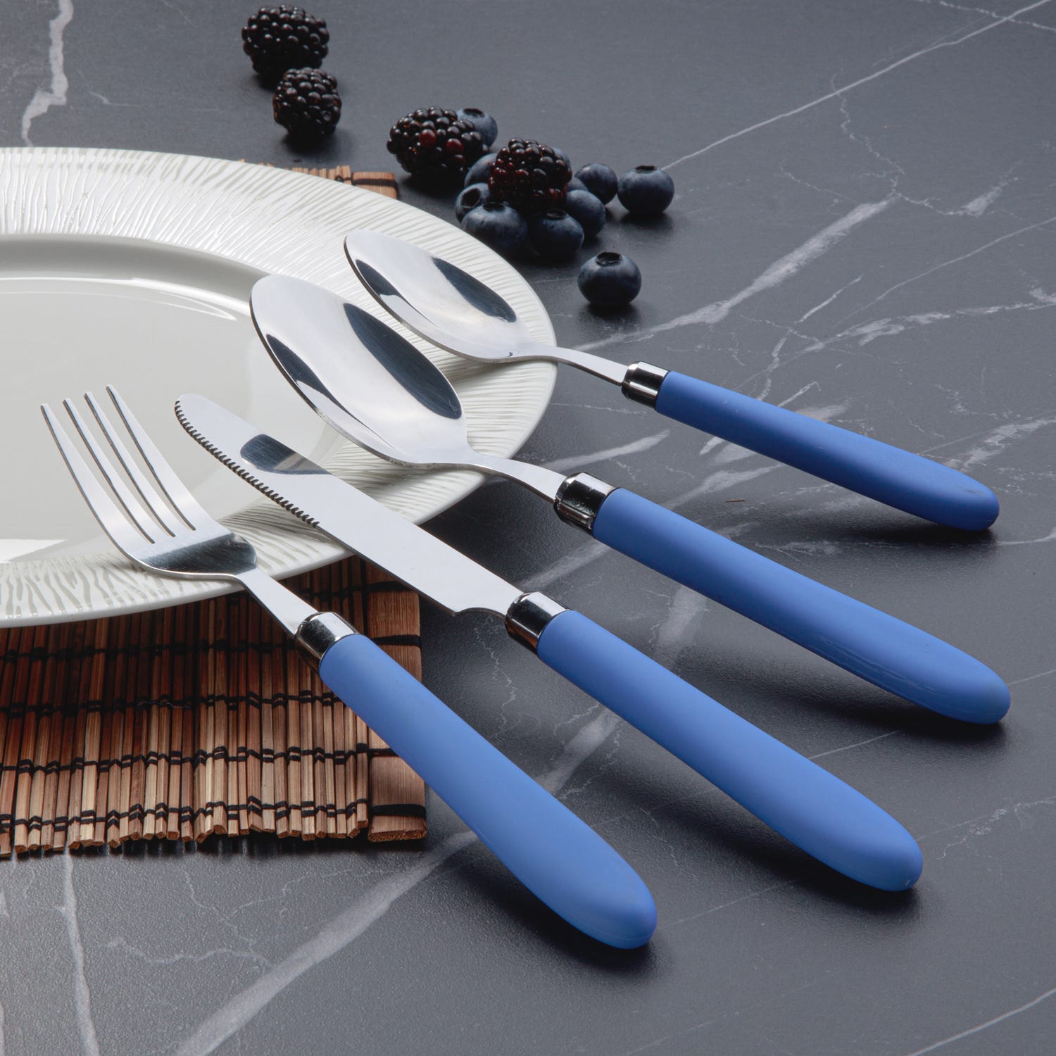 Set 24 posate Smooth in acciaio inox con manico blu chiaro