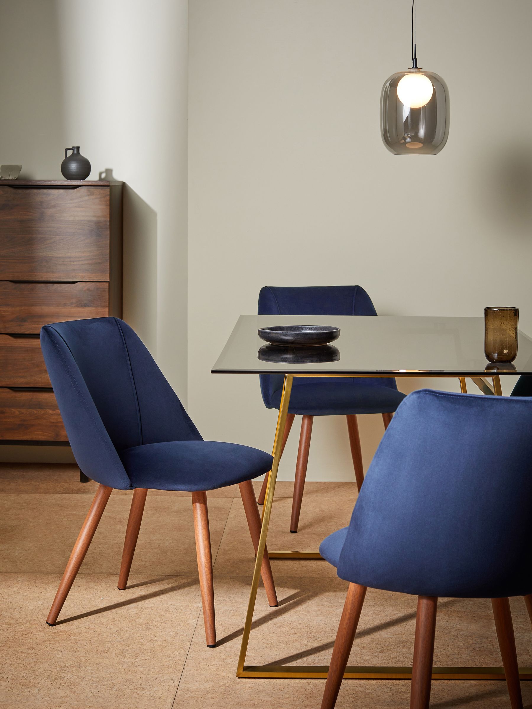 Set of 2 Lule Non Arm Dining Chairs in Dark Blue Velvet and Walnut Effect Legs