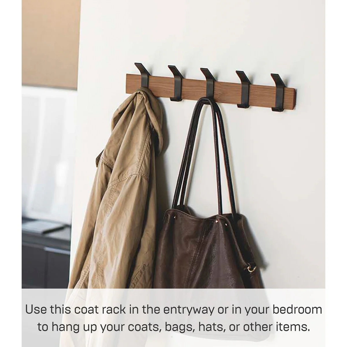 Yamazaki Home Wall-Mounted Coat Rack, Steel and Wood - L 2.56 x W 19.69 x H 3.94 inches
