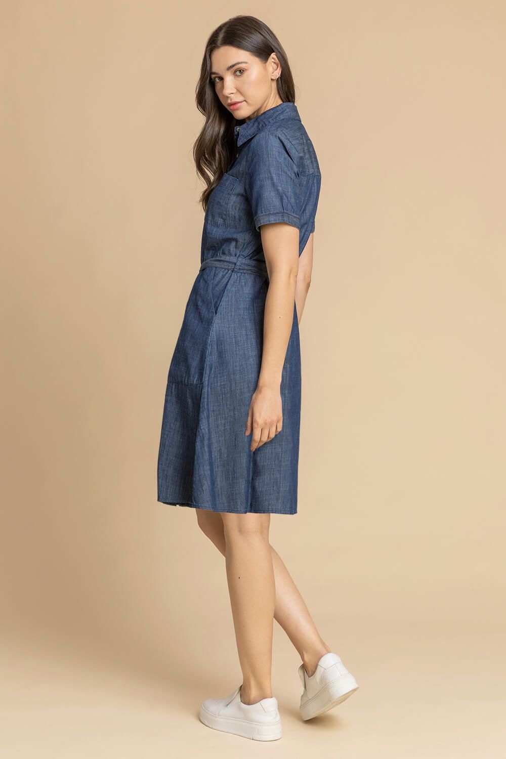 Roman Denim Belted Skater Shirt Dress