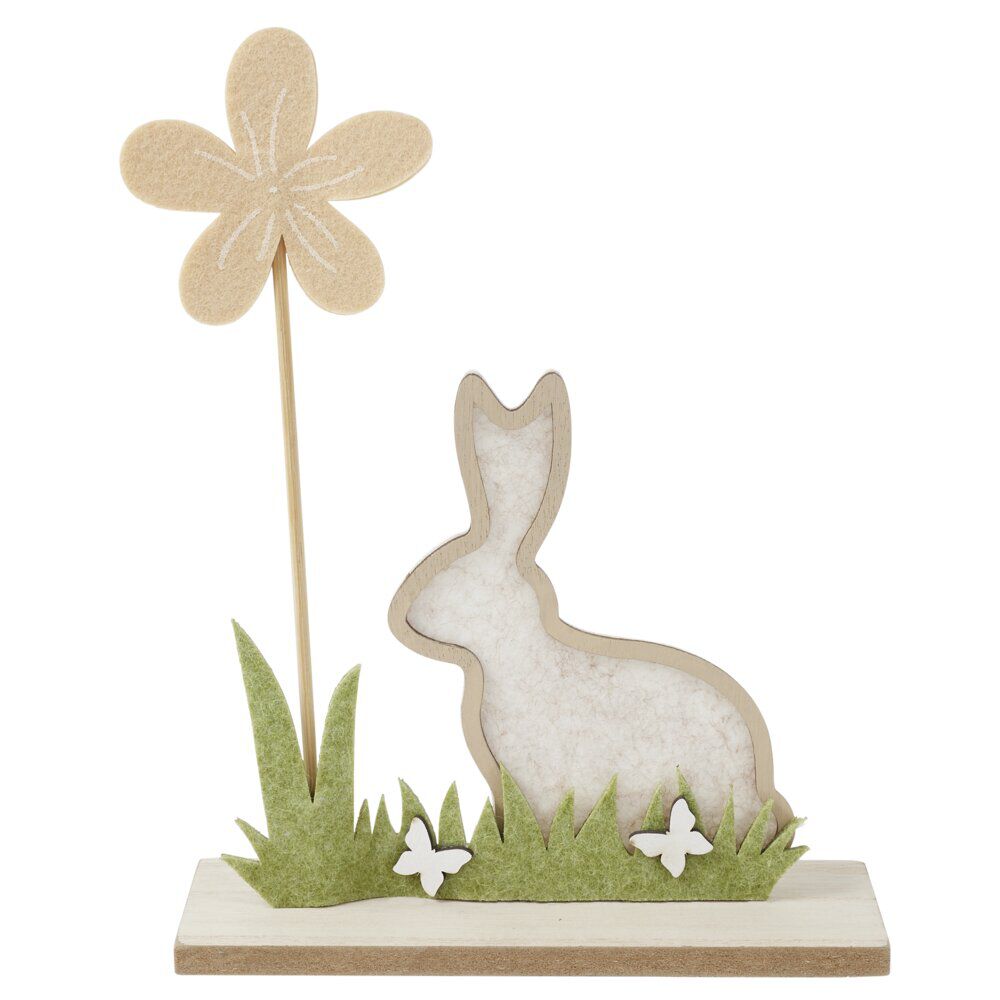Décoration à poser lapin en bois et fleur L19,5xH24,5cm