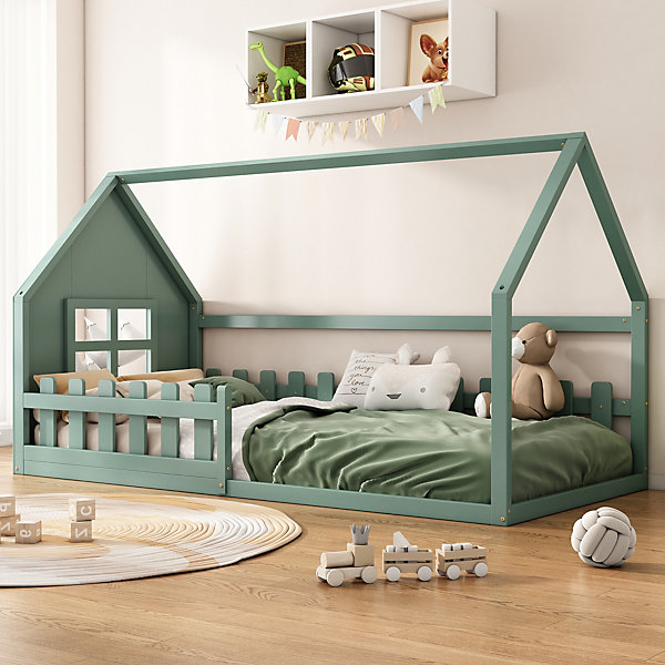Lit Cabane 90 x 200 cm - Lit enfant avec Barrières de Sécurité - Pin   MDF - Sans Matelas - Vert