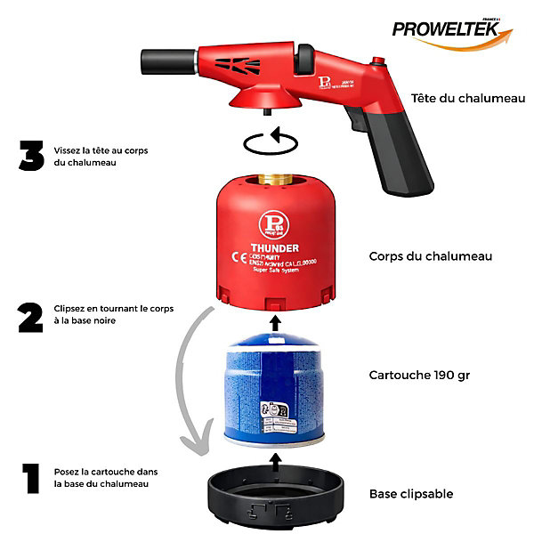 Chalumeau gaz 1.7kW Allumage piezo   4 Cartouches gaz PROWELTEK
