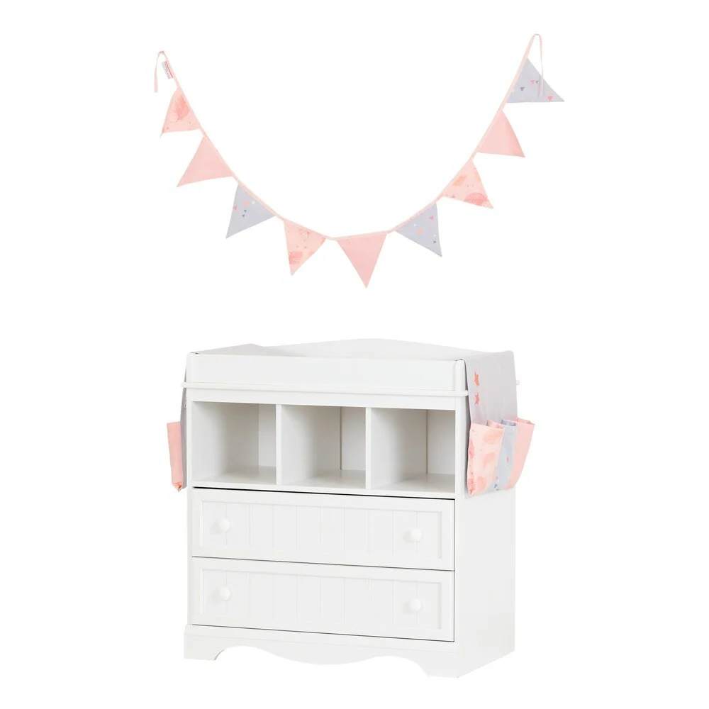 South Shore Savannah Pure White and Pink Changing Table with Doudou the Rabbit Runner and Pennant Banner