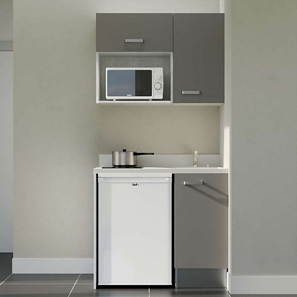 Kitchenette K00 - 100 cm - façades Gris - Plan monobloc en quartz coloris Snova évier à droite - Electroménager Blanc