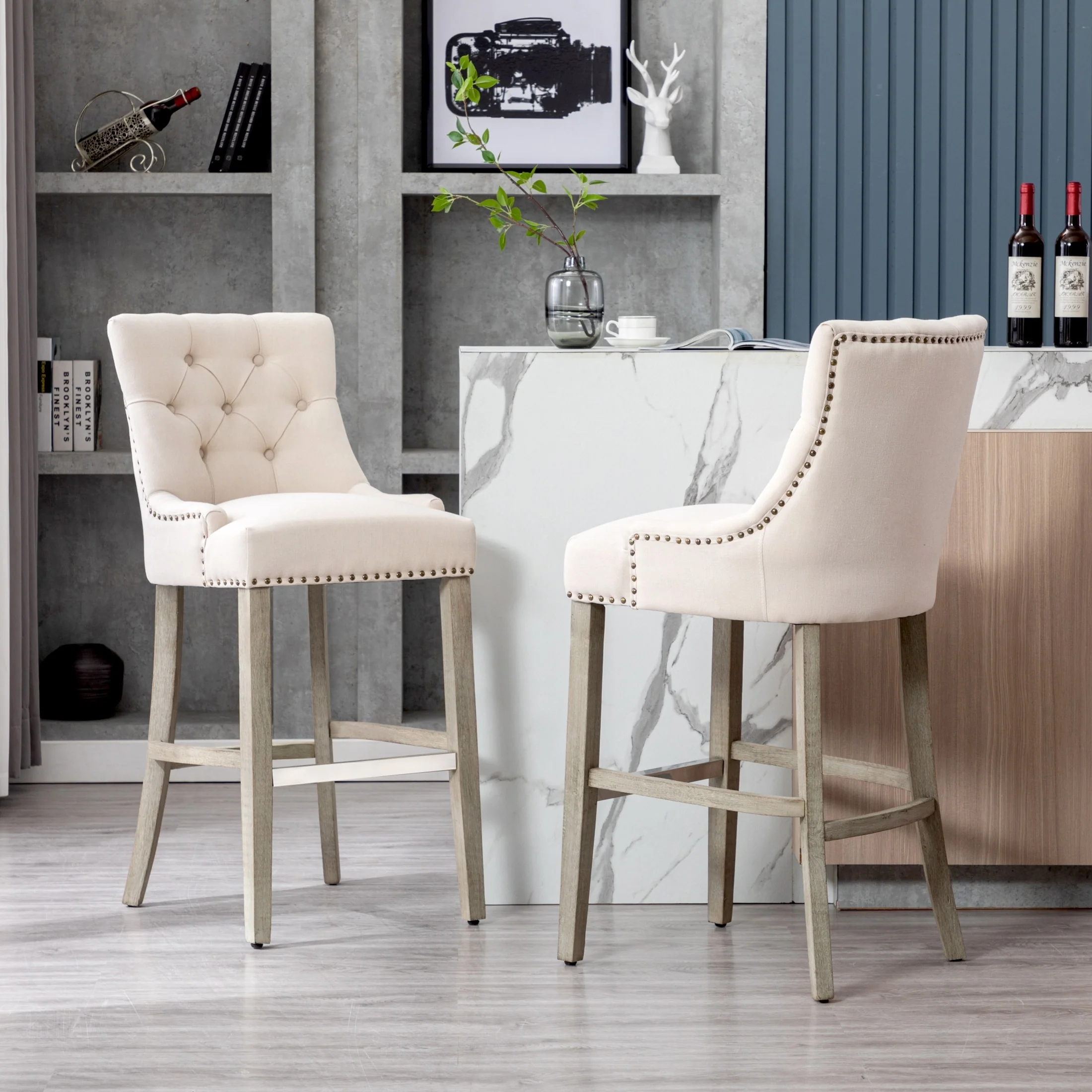 Carter 29 Linen Fabric Tufted Upholstered Bar Stool (Set of 2) - N/A