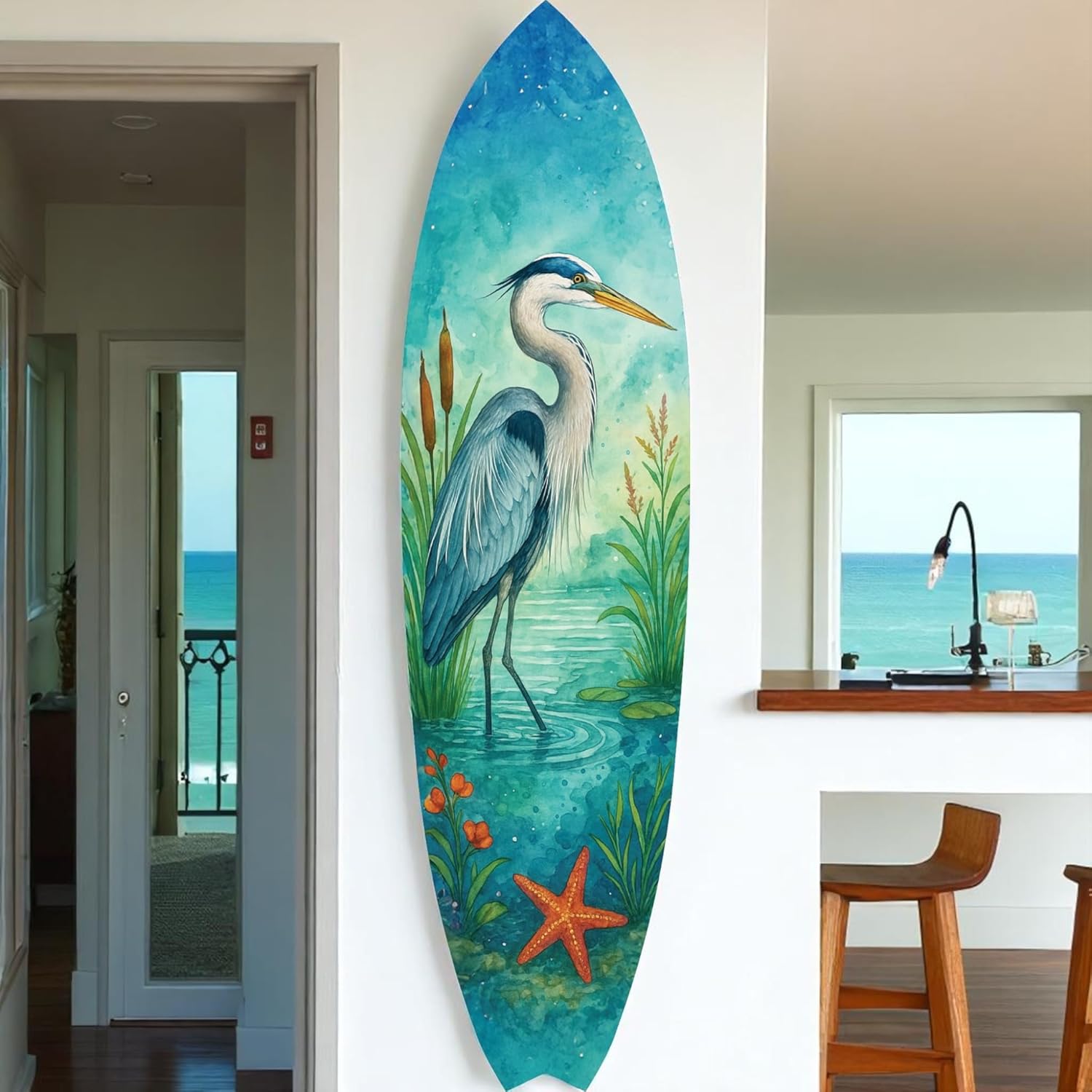 Egret Surfboard Wall Art – Coastal Watercolor Heron Bird Decor – PVC Indoor Outdoor Beach House Art, Ocean Themed