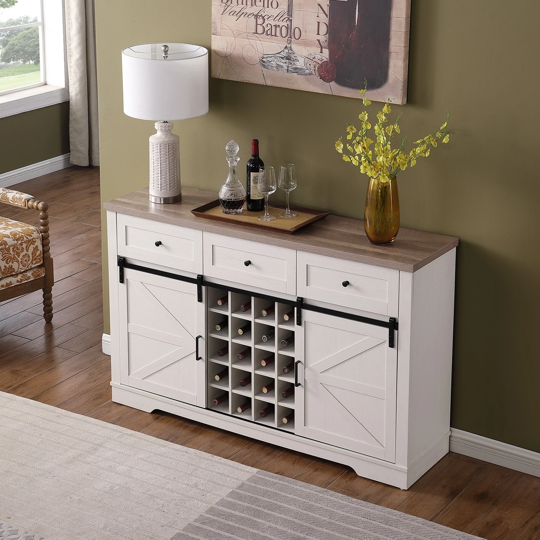 Farmhouse Wine Bar Cabinet with Sliding Barn Doors, 58 Storage Cabinet Buffet Sideboard with Wine Rack & 3 Drawers