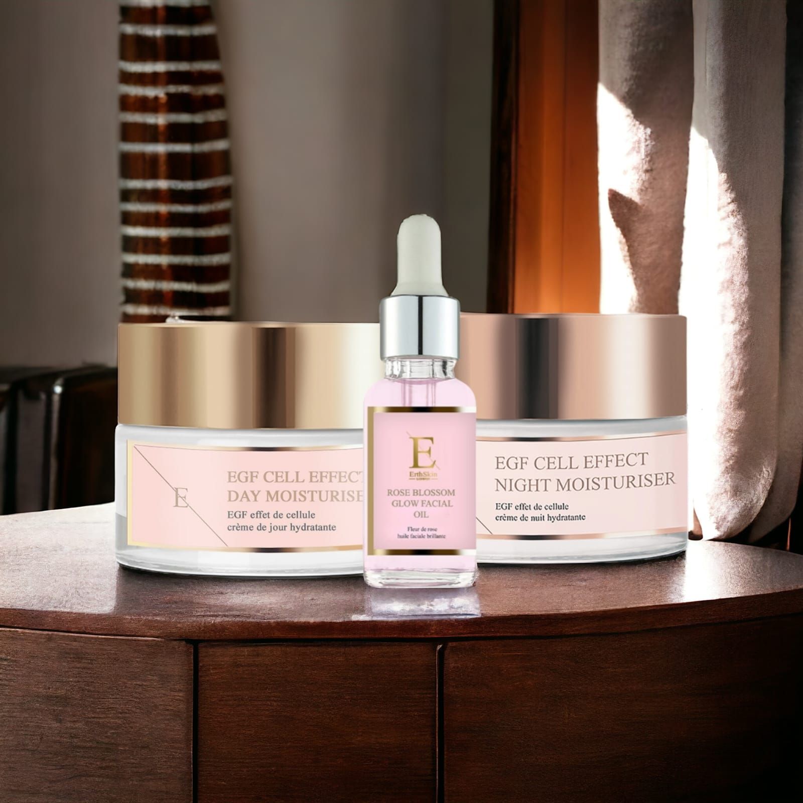 Erth Skin London Anti-Aging Trio : EGF Day & Night Moisturizers   Rose Facial Oil