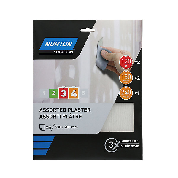 Abrasif pour plâtre Norton 230 x 280 mm, assortiment 5 pièces