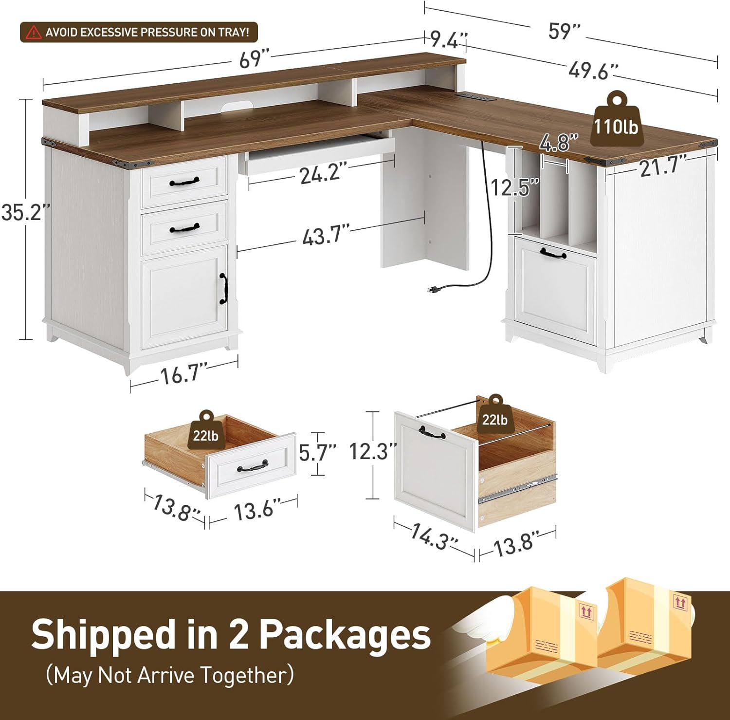 Farmhouse 69 Executive L Shaped Desk with Drawer, Home Office Desk with Charging Station, Corner Computer Desk with Monitor Stand, File Drawer, Storage Cabinet, White and Walnut
