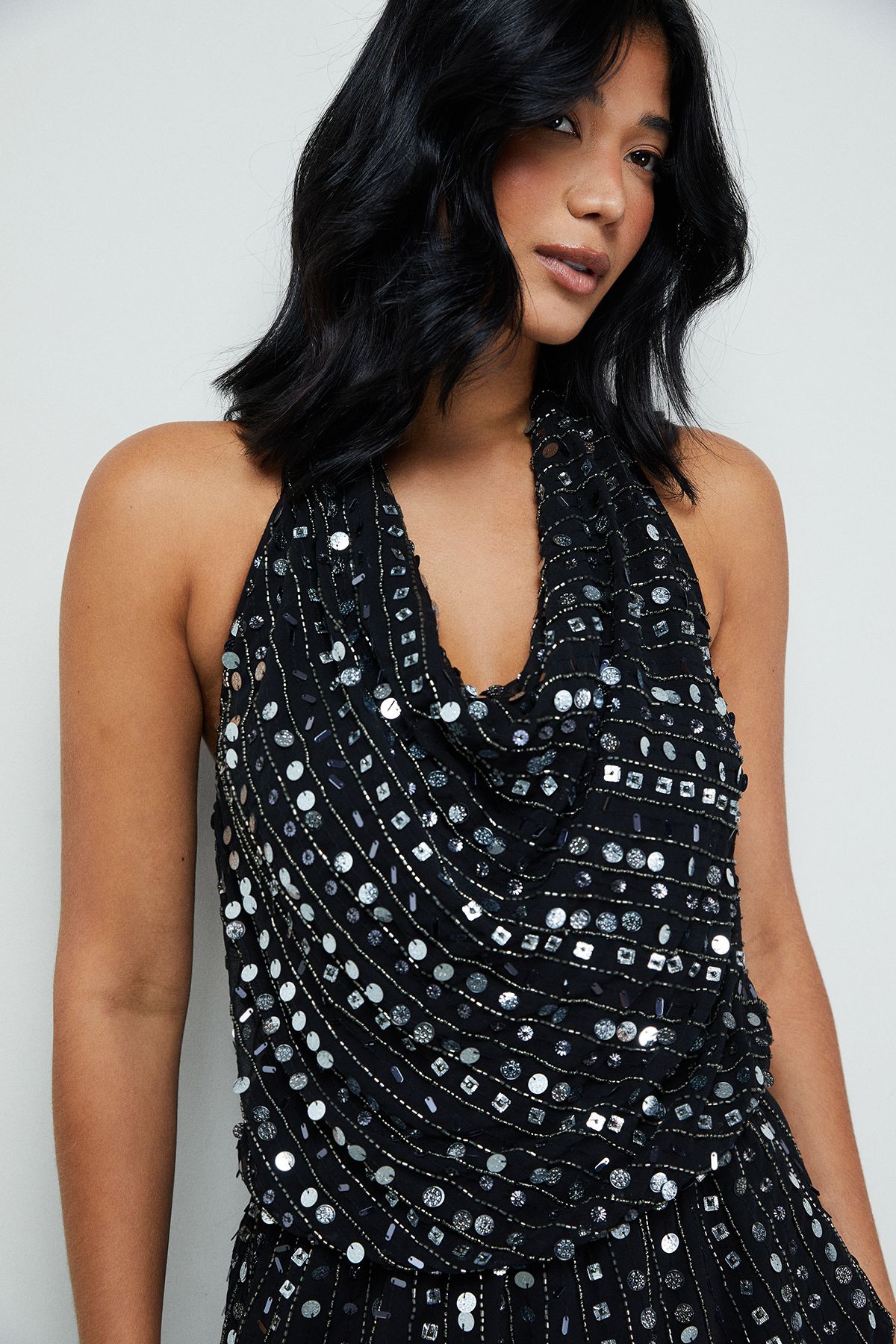 Warehouse Premium Hand Embellished Sequin Cowl Front Flippy Mini Dress