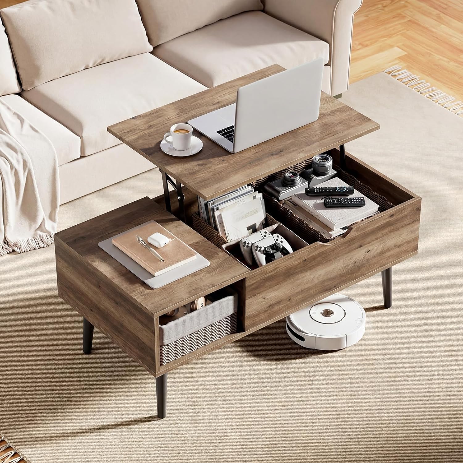 OLIXIS Wooden Coffee Table, Lift Top Coffee Table with Large Hidden Compartment and Ample Storage Shelf, Lift Tabletop Dining Table for Living Room, Home Small Space, Grey