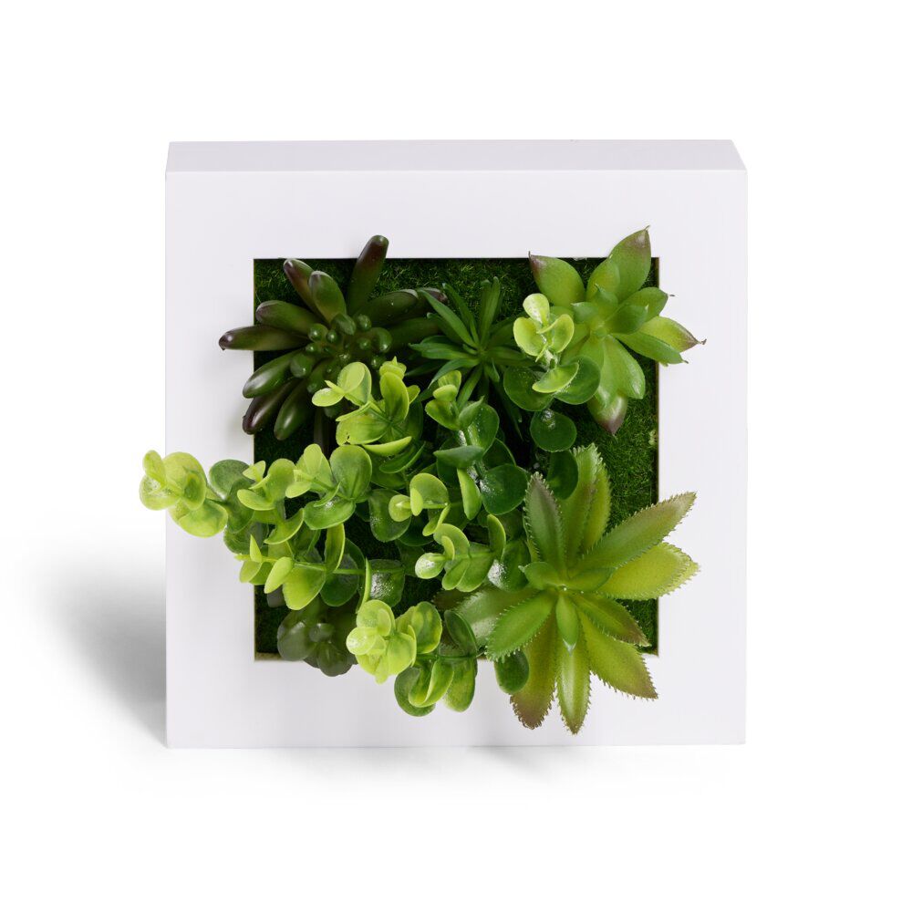 Plante artificielle décoration murale cadre bois blanc 20x20cm