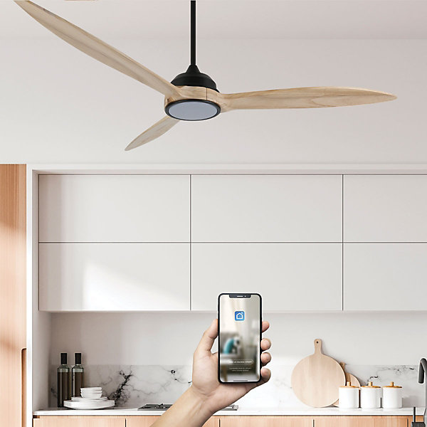 Fanelite - Ventilateur de plafond 164 cm noir et bois MOOREA - Moteur DC 35W - Lumière LED 20W dimmable 3 couleurs - Wifi