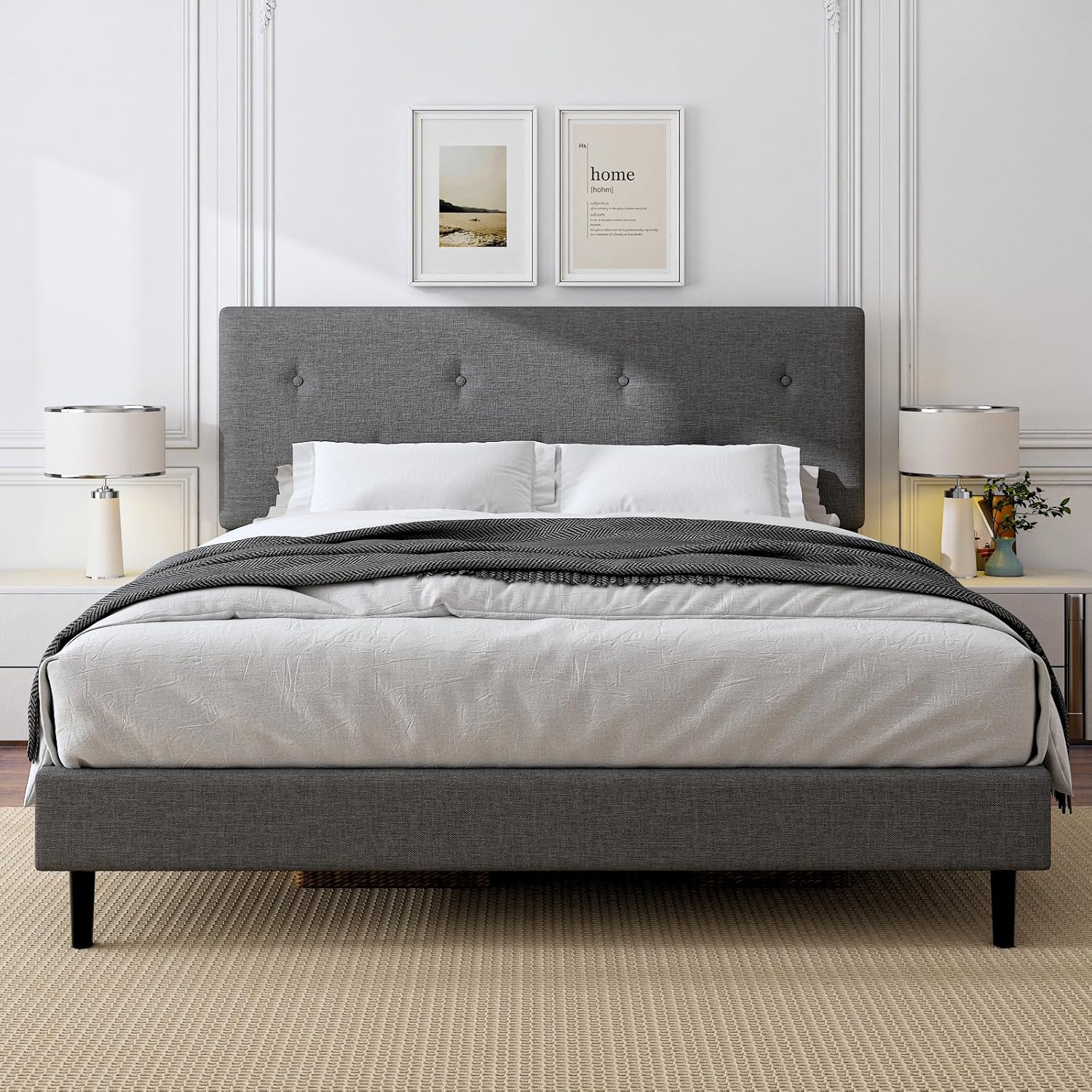 King Size Linen Bed Frame, Upholstered Platform Bed Frame with Adjustable Headboard, Wooden Slats Support, No Box Spring Needed, Easy Assembly, Grey